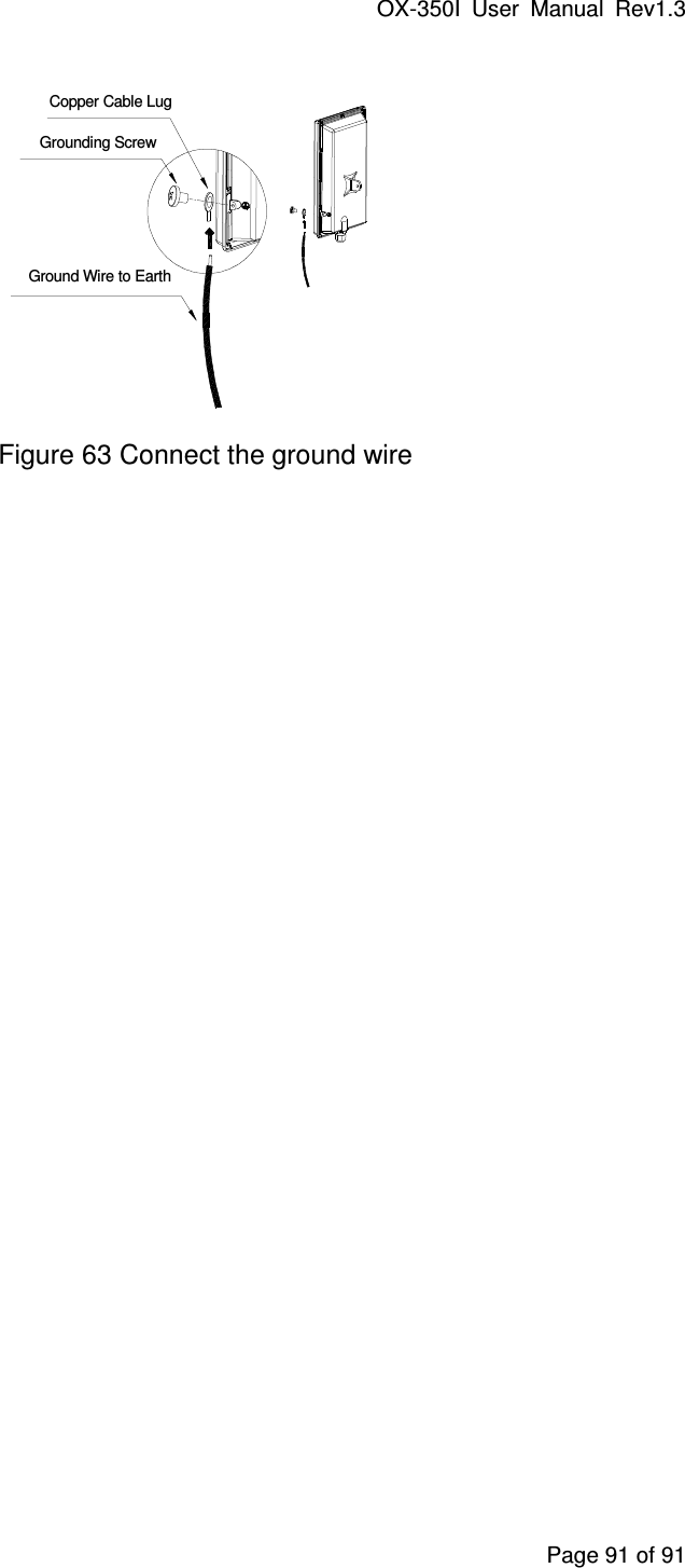 OX-350I  User  Manual  Rev1.3 Page 91 of 91 Copper Cable LugGround Wire to EarthGrounding Screw Figure 63 Connect the ground wire 