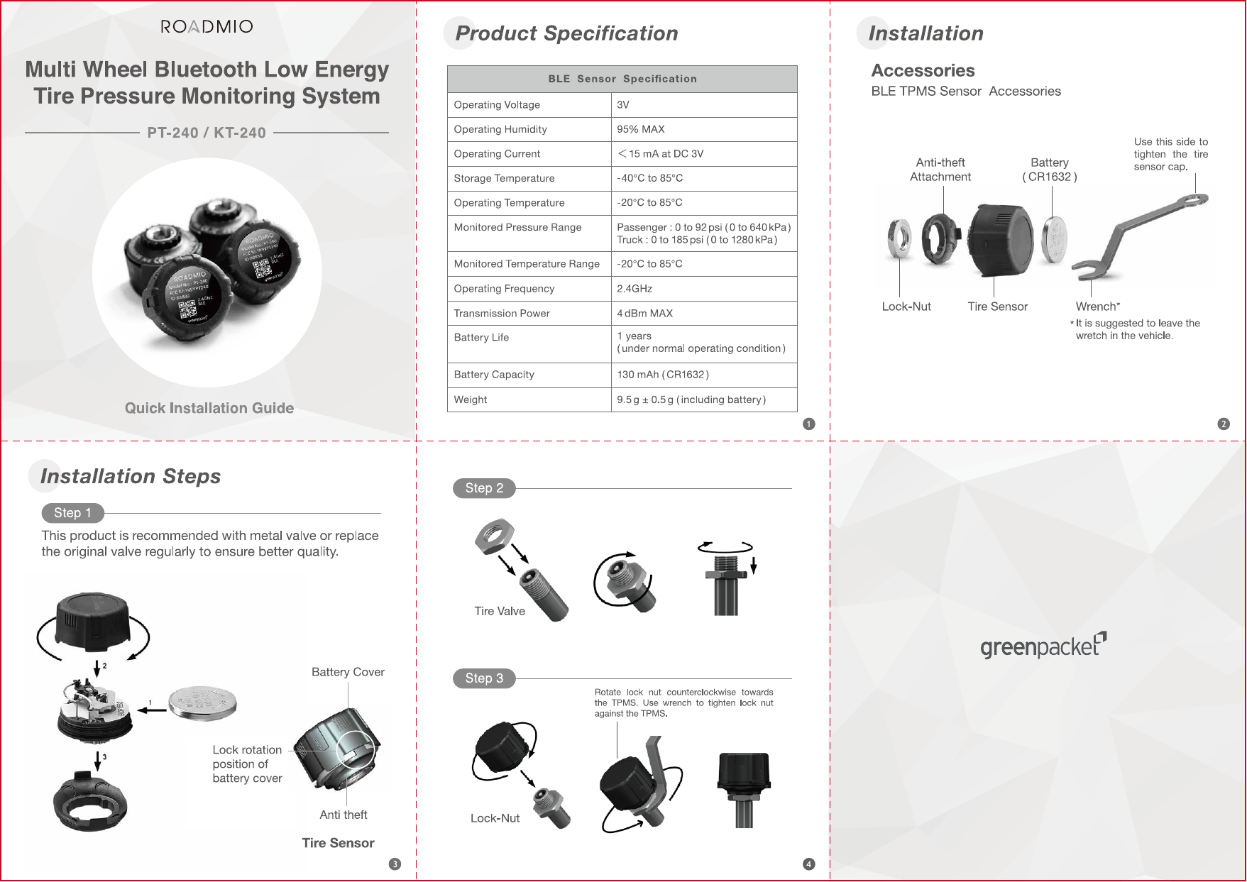 Page 1 of Green Packet Berhad PT240 Bluetooth Low Energy TPMS User Manual 18 0208 TPMS QIG o