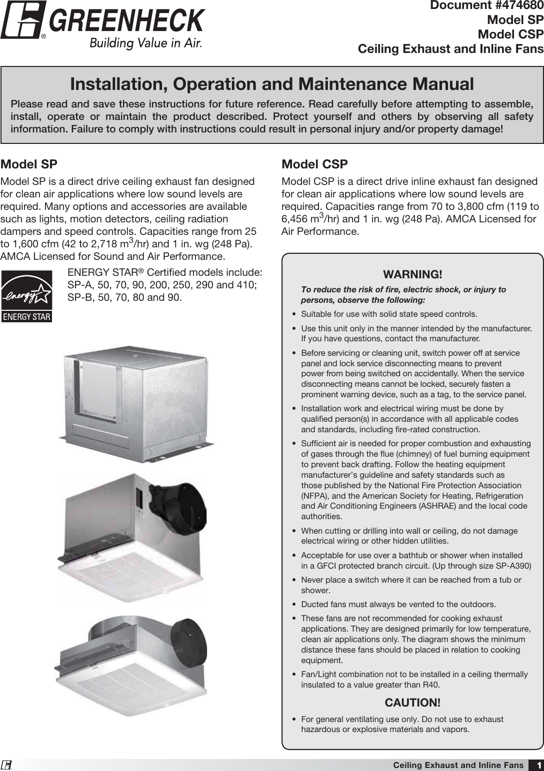 Greenheck Fan Ceiling Exhaust And Inline Fans 747680 Users Manual