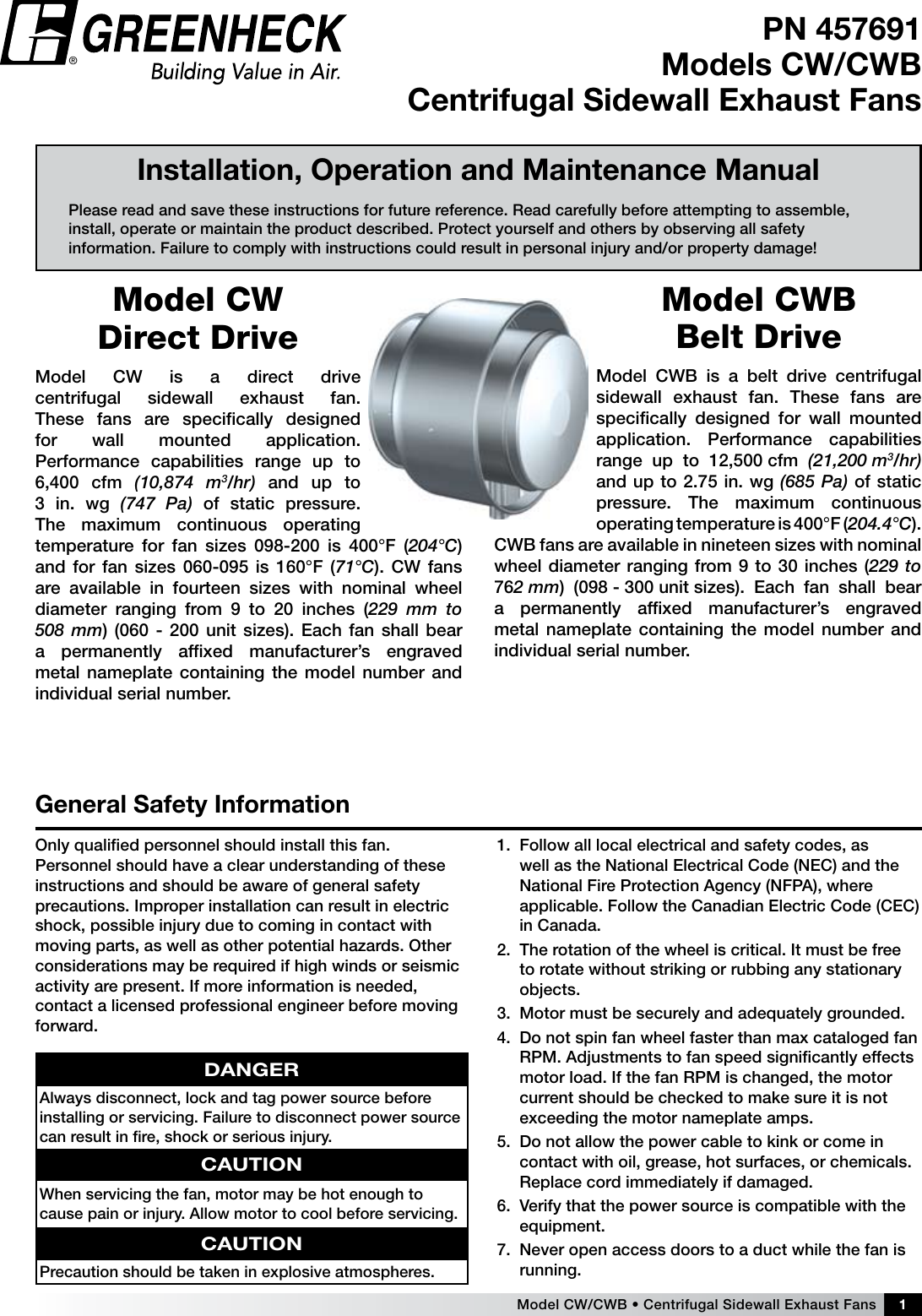 Page 1 of 8 - Greenheck-Fan Greenheck-Fan-Centrifugal-Sidewall-Exhaust-Fans-Cw-Cwb-Users-Manual-  Greenheck-fan-centrifugal-sidewall-exhaust-fans-cw-cwb-users-manual