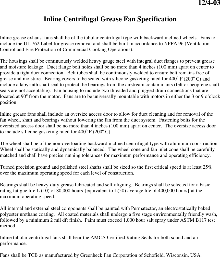 Page 1 of 1 - Greenheck-Fan Greenheck-Fan-Inline-Centrifugal-Grease-Fan-Users-Manual- Meets NFPA 96-11 Requirements For Kitchen Exhaust Systems  Greenheck-fan-inline-centrifugal-grease-fan-users-manual