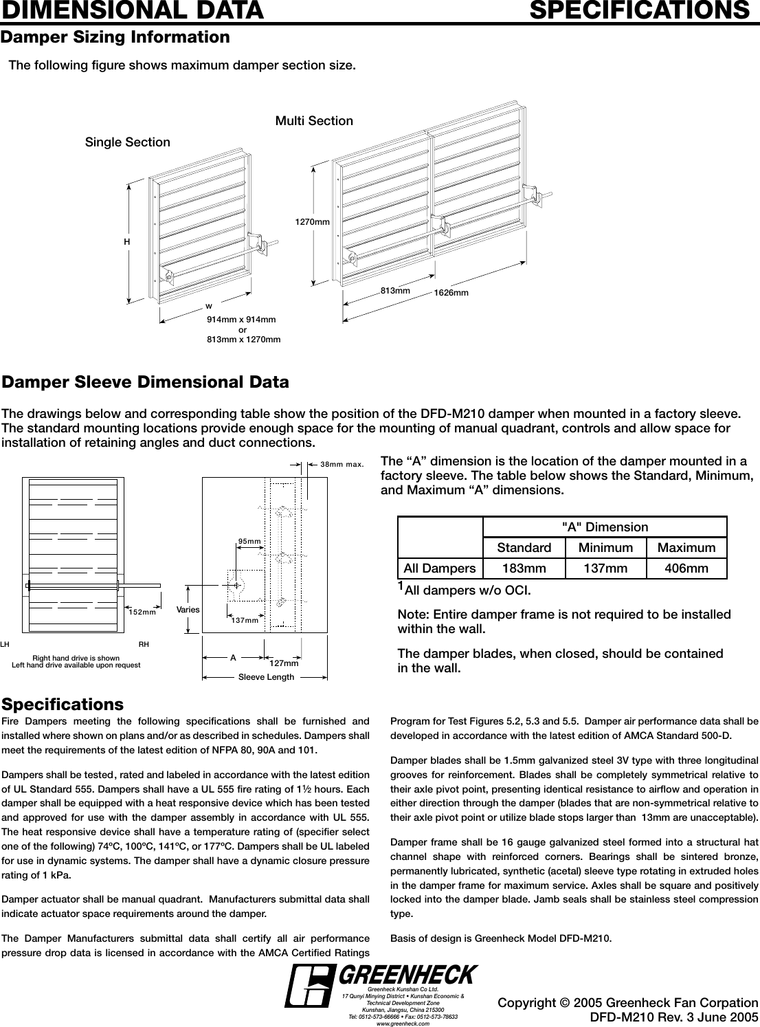 Greenheck Fan Multi Blade Fire Damper Dfd M210 Users Manual