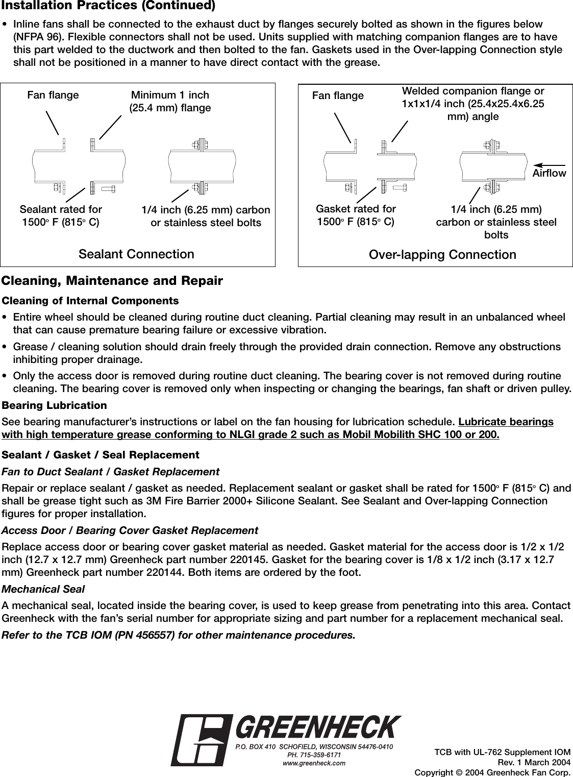 Greenheck Fan Tcb Users Manual IOM UL 762 Supplement