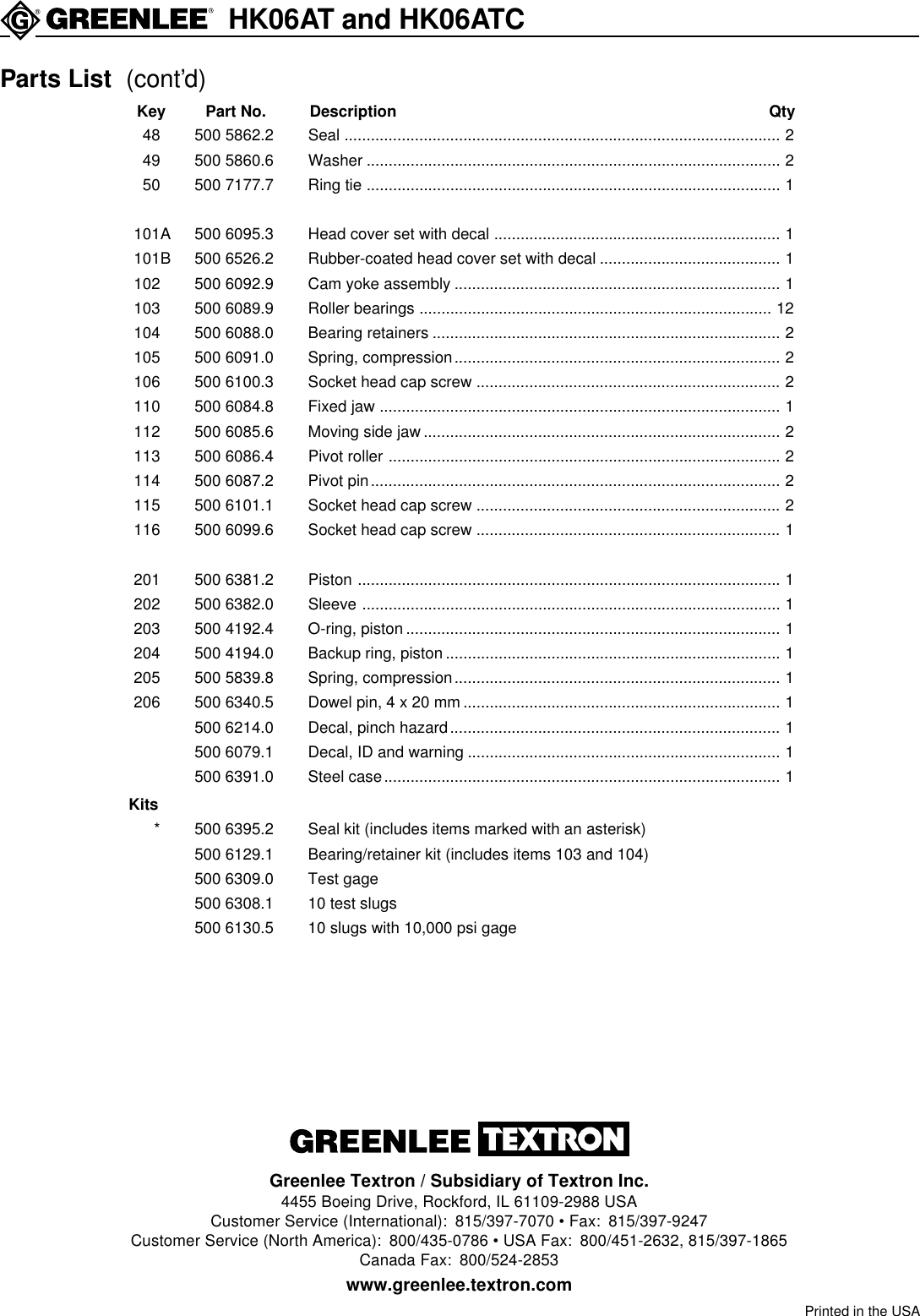 Page 12 of 12 - Greenlee Greenlee-Hydraulic-Crimping-Tools-Hk06At-Users-Manual- IM 1368 REV 1  Greenlee-hydraulic-crimping-tools-hk06at-users-manual