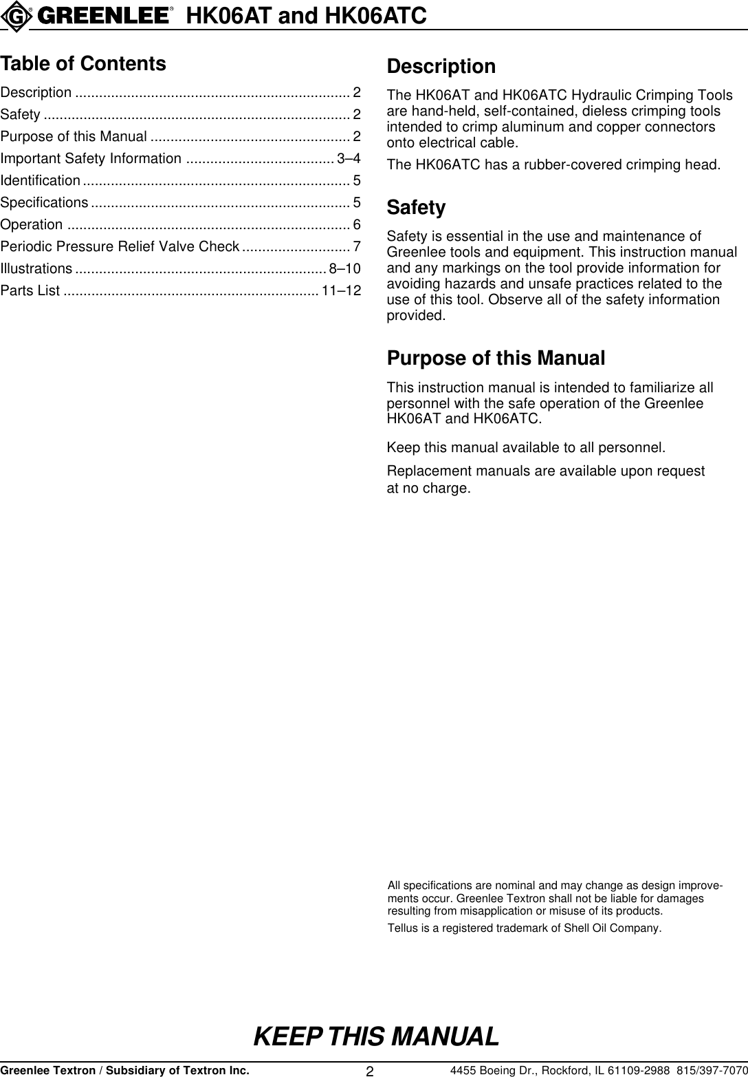 Page 2 of 12 - Greenlee Greenlee-Hydraulic-Crimping-Tools-Hk06At-Users-Manual- IM 1368 REV 1  Greenlee-hydraulic-crimping-tools-hk06at-users-manual