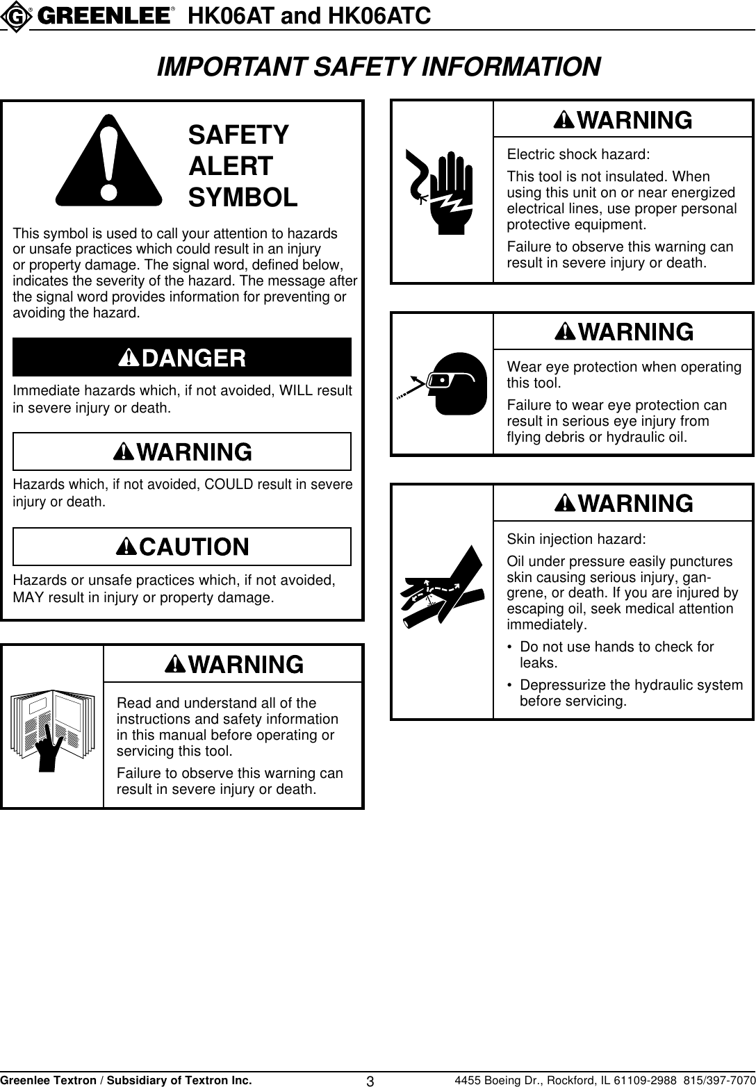 Page 3 of 12 - Greenlee Greenlee-Hydraulic-Crimping-Tools-Hk06At-Users-Manual- IM 1368 REV 1  Greenlee-hydraulic-crimping-tools-hk06at-users-manual