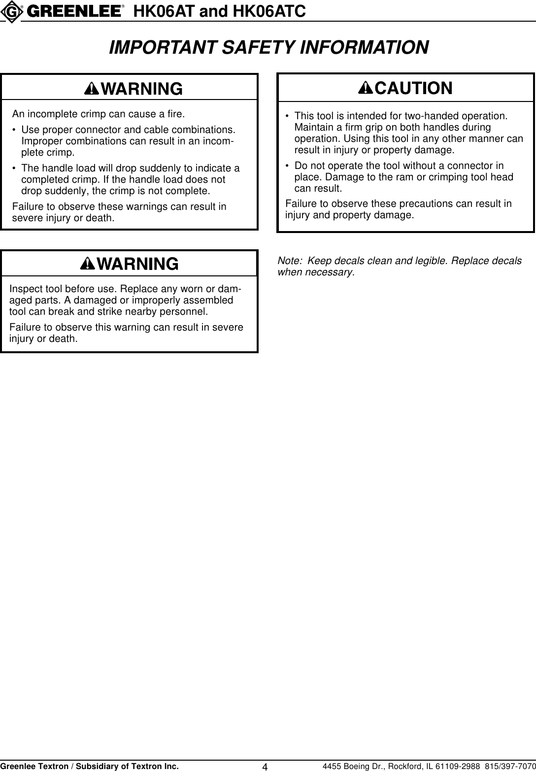 Page 4 of 12 - Greenlee Greenlee-Hydraulic-Crimping-Tools-Hk06At-Users-Manual- IM 1368 REV 1  Greenlee-hydraulic-crimping-tools-hk06at-users-manual