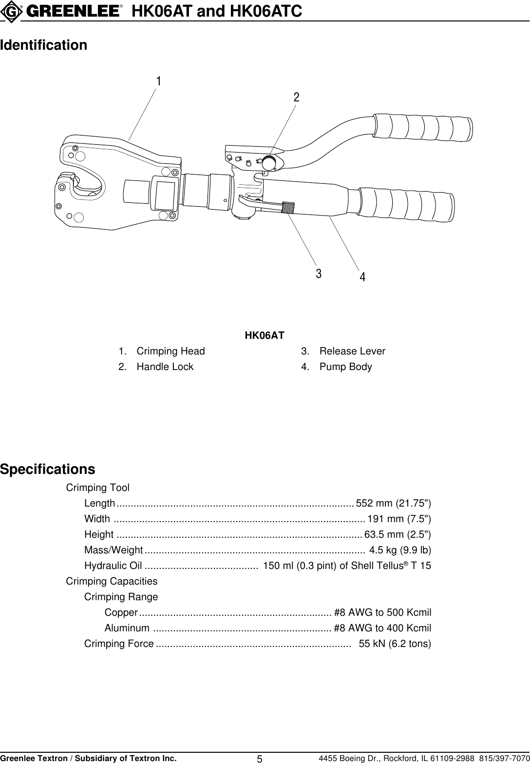 Page 5 of 12 - Greenlee Greenlee-Hydraulic-Crimping-Tools-Hk06At-Users-Manual- IM 1368 REV 1  Greenlee-hydraulic-crimping-tools-hk06at-users-manual
