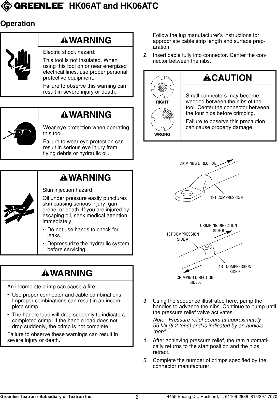 Page 6 of 12 - Greenlee Greenlee-Hydraulic-Crimping-Tools-Hk06At-Users-Manual- IM 1368 REV 1  Greenlee-hydraulic-crimping-tools-hk06at-users-manual