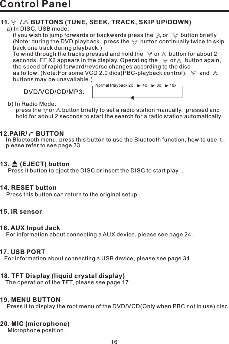 1614. RESET buttonPress this button can return to the original setup .15. IR sensor13. (EJECT) buttonPress it button to eject the DISC or insert the DISC to start play .16. AUX Input JackFor information about connecting a AUX device, please see page 24 .17. USB PORTFor information about connecting a USB device, please see page 34.18. TFT Display (liquid crystal display)The operation of the TFT, please see page 17.Control Panel20. MIC (microphone)Microphone position .12.PAIR/ BUTTONIn Bluetooth menu, press this button to use the Bluetooth function, how to use it ,please refer to see page 33.19. MENU BUTTONPress it to display the root menu of the DVD/VCD(Only when PBC not in use) disc.11. / BUTTONS (TUNE, SEEK, TRACK, SKIP UP/DOWN)a) In DISC, USB mode:if you wish to jump forwards or backwards press the or button briefly(Note: during the DVD playback , press the button continually twice to skipback one track during playback.)To wind through the tracks pressed and hold the or button for about 2seconds. FF X2 appears in the display. Operating the or button again,the speed of rapid forward/reverse changes according to the discas follow: (Note:For some VCD 2.0 dics(PBC-playback control), andbuttons may be unavailable.)DVD/VCD/CD/MP3:Normal Playback 2x 4x 8x 16xb) In Radio Mode:press the or button briefly to set a radio station manually. pressed andhold for about 2 seconds to start the search for a radio station automatically.