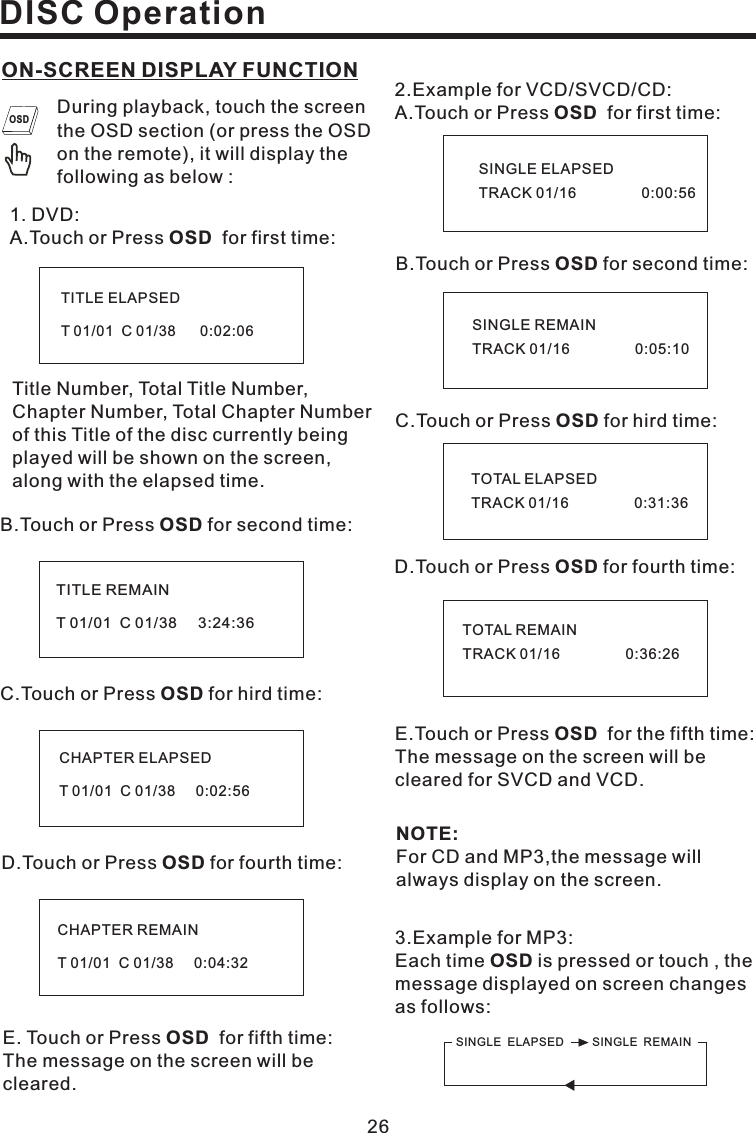 26NOTE:For CD and MP3,the message willalways display on the screen.SINGLE ELAPSED SINGLE REMAIN3.Example for MP3:Each time is pressed or touch , themessage displayed on screen changesas follows:OSDE.Touch or Press for the fifth time:The message on the screen will becleared for SVCD and VCD.OSDSINGLE ELAPSEDTRACK 01/16 0:00:56SINGLE REMAINTRACK 01/16 0:05:10TOTAL ELAPSEDTRACK 01/16 0:31:36TOTAL REMAINTRACK 01/16 0:36:262.Example for VCD/SVCD/CD:A.Touch or Press for first time:OSDB.Touch or Press for second time:OSDC.Touch or Press for hird time:OSDD.Touch or Press for fourth time:OSDDISC OperationE. Touch or Press for fifth time:The message on the screen will becleared.OSDTITLE ELAPSEDT 01/01 C 01/38 0:02:06TITLE REMAINT 01/01 C 01/38 3:24:36CHAPTER ELAPSEDT 01/01 C 01/38 0:02:56CHAPTER REMAINT 01/01 C 01/38 0:04:32ON-SCREEN DISPLAY FUNCTIONDuring playback, touch the screenthe OSD section (or press the OSDon the remote), it will display thefollowing as below :1. DVD:A.Touch or Press for first time:OSDTitle Number, Total Title Number,Chapter Number, Total Chapter Numberof this Title of the disc currently beingplayed will be shown on the screen,along with the elapsed time.B.Touch or Press for second time:OSDC.Touch or Press for hird time:OSDD.Touch or Press for fourth time:OSDOSD
