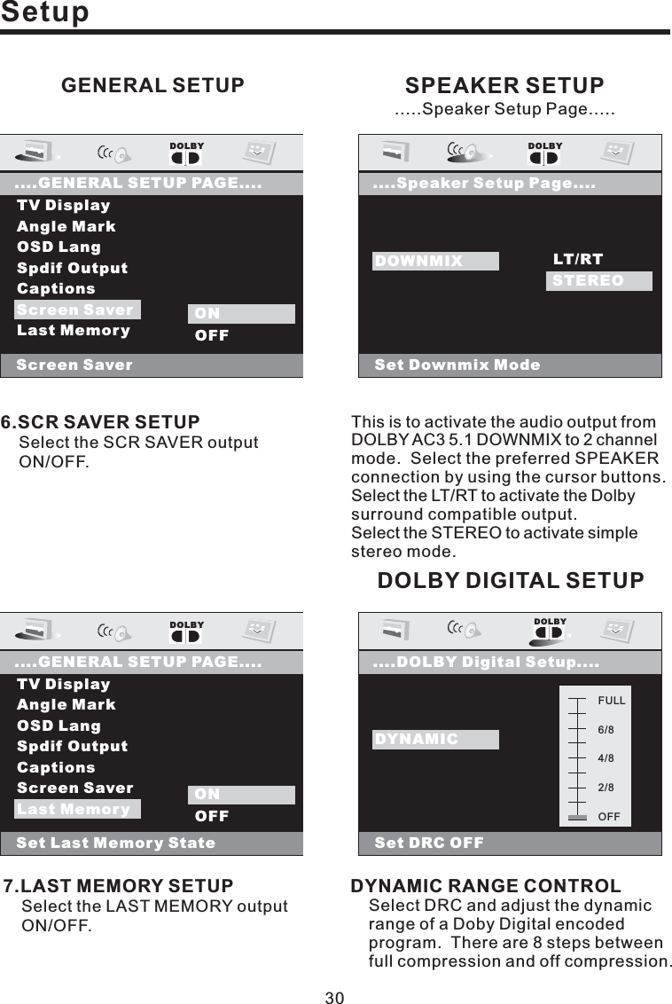 Setup6.SCR SAVER SETUPSelect the SCR SAVER outputON/OFF.7.LAST MEMORY SETUPSelect the LAST MEMORY outputON/OFF.SPEAKER SETUPThis is to activate the audio output fromDOLBY AC3 5.1 DOWNMIX to 2 channelmode. Select the preferred SPEAKERconnection by using the cursor buttons.Select the LT/RT to activate the Dolbysurround compatible output.Select the STEREO to activate simplestereo mode.DOLBY DIGITAL SETUPDYNAMIC RANGE CONTROLSelect DRC and adjust the dynamicrange of a Doby Digital encodedprogram. There are 8 steps betweenfull compression and off compression.GENERAL SETUPTV DisplayAngle MarkOSD LangSpdif OutputCaptionsScreen SaverLast MemoryDOLBY....GENERAL SETUP PAGE....Screen SaverScreen Saver ONOFFONTV DisplayAngle MarkOSD LangSpdif OutputCaptionsScreen SaverLast MemoryDOLBY....GENERAL SETUP PAGE....Set Last Memory StateONOFFONLast MemoryDOWNMIXDOLBY....Speaker Setup Page....Set Downmix ModeLT/RTSTEREODOWNMIXSTEREO....DOLBY Digital Setup....Set DRC OFFDOWNMIXDYNAMICDOLBYFULL6/84/8OFF2/8.....Speaker Setup Page.....30