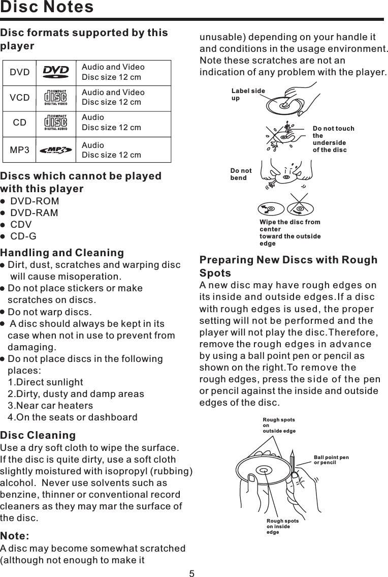 Disc NotesPreparing New Discs withSpotsRoughA new disc may have rough edges onits inside and outside edges.If a discwith rough edges is used, the propersetting will not be performed and theplayer will not play the disc.Therefore,remove the rough edges in advanceby using a ball point pen or pencil asshown on the right.To remove therough edges, press the side of the penor pencil against the inside and outsideedges of the disc.Rough spotsonoutside edgeBall point penor pencilRough spotson insideedgeDo not touchtheundersideof the discDo notbendWipe the disc fromcentertoward the outsideedgeLabel sideupDisc CleaningUse a dry soft cloth to wipe the surface.If the disc is quite dirty, use a soft clothslightly moistured with isopropyl (rubbing)alcohol. Never use solvents such asbenzine, thinner or conventional recordcleaners as they may mar the surface ofthe disc.Handling and CleaningDirt, dust, scratches and warping discwill cause misoperation.Do not place stickers or makescratches on discs.Do not warp discs.A disc should always be kept in itscase when not in use to prevent fromdamaging.Do not place discs in the followingplaces:1.Direct sunlight2.Dirty, dusty and damp areas3.Near car heaters4.On the seats or dashboardDiscs which cannot be playedwith this playerDVD-ROMDVD-RAMCDVCD-GNote:A disc may become somewhat scratched(although not enough to make itunusable) depending on your handle itand conditions in the usage environment.Note these scratches are not anindication of any problem with the player.5Disc formats supported by thisplayerDVDVCDCDMP3Audio and VideoDiscsize12cmAudio and VideoDiscsize12cmAudioDiscsize12cmAudioDiscsize12cm