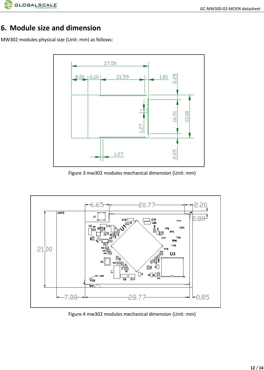 GC-MW300-02-MOEN-datasheet 12 / 14 6. Module size and dimensionMW302 modules physical size (Unit: mm) as follows: Figure 3 mw302 modules mechanical dimension (Unit: mm) Figure 4 mw302 modules mechanical dimension (Unit: mm) 