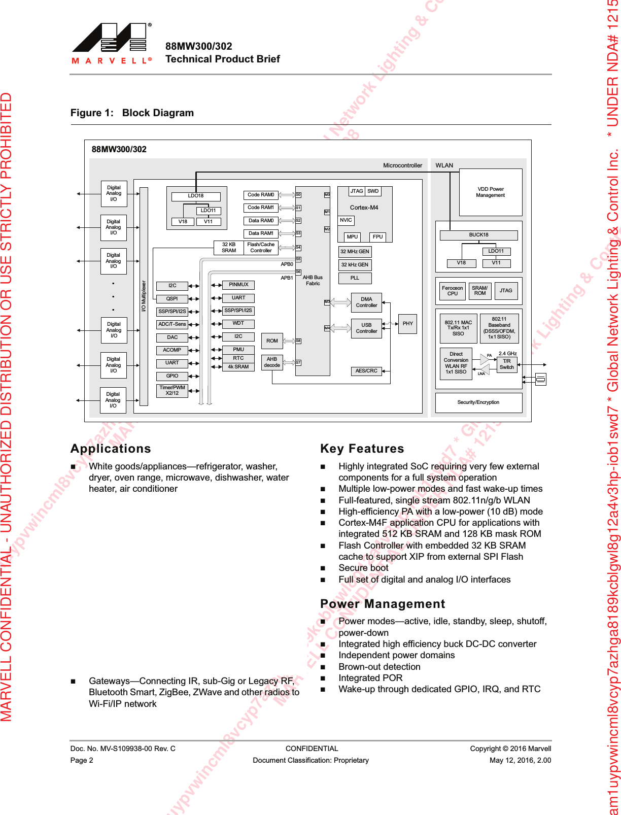 am1uypvwincml8vcyp7azhga8189kcblgwl8g12a4v3hp-iob1swd7 * Global Network Lighting &amp; ConMARVELL CONFIDENTIAL, UNDER NDA# 121502081uypvwincml8vcyp7azhga8189kcblgwl8g12a4v3hp-iob1swd7 * Global Network Lighting &amp; Control InMARVELL CONFIDENTIAL, UNDER NDA# 12150208rxam1uypvwincml8vcyp7azhga8189kcblgwl8g12a4v3hp-iob1swd7 * Global Network Lighting &amp; Control Inc.   * UNDER NDA# 12150MARVELL CONFIDENTIAL - UNAUTHORIZED DISTRIBUTION OR USE STRICTLY PROHIBITED88MW300/302 Technical Product Brief                         Doc. No. MV-S109938-00 Rev. C  CONFIDENTIAL  Copyright © 2016 MarvellPage 2 Document Classification: Proprietary May 12, 2016, 2.00 ApplicationsWhite goods/appliances—refrigerator, washer, dryer, oven range, microwave, dishwasher, water heater, air conditionerConsumer devices and accessories—toys, speakers, headset, alarm clock, gaming accessory, remote controlHome automation—smart outlet, light switch, security camera, thermostat, sprinkler controller, sensor, door lock, door bell, garage door, security systemPersonal health devices—weighing scale, glucometer, blood pressure monitor, fitness equipmentIoT/wearables—coffee pot, rice cooker, vacuum cleaner, air purifier, smart watch, fitness bracelet, pet monitorCommercial/industrial—lighting, building automation, asset management, Point of Sale (POS) salesGateways—Connecting IR, sub-Gig or Legacy RF, Bluetooth Smart, ZigBee, ZWave and other radios to Wi-Fi/IP networkKey FeaturesHighly integrated SoC requiring very few external components for a full system operationMultiple low-power modes and fast wake-up timesFull-featured, single stream 802.11n/g/b WLANHigh-efficiency PA with a low-power (10 dB) mode Cortex-M4F application CPU for applications with integrated 512 KB SRAM and 128 KB mask ROMFlash Controller with embedded 32 KB SRAM cache to support XIP from external SPI FlashSecure bootFull set of digital and analog I/O interfacesPower ManagementPower modes—active, idle, standby, sleep, shutoff, power-downIntegrated high efficiency buck DC-DC converterIndependent power domainsBrown-out detectionIntegrated PORWake-up through dedicated GPIO, IRQ, and RTCFigure 1: Block Diagram                         WL_MCI_REFCLKDMA ControllerAHB Bus FabricI/O MultiplexerM0M1S0S1RTCPHYM2S2S3S4USB ControllerM3M4S7S5S6S84k SRAMJTAG SWDNVICCortex-M4MPU FPUCode RAM0Code RAM1Data RAM0Data RAM1Flash/CacheControllerUARTWDTPINMUXSSP/SPI /I2SI2CPMUAHBdecodeROMAES/CRC32 kHz GEN32 MHz GENPLLMicrocontroller88MW300/302WLAN32 KB SRAMAPB0APB1BUCK18Feroceon CPUSRAM/ROM  JTAGV18LDO11V11...I2CQSPISSP/SPI/I2SADC/T-SensDACACOMPUARTGPIOTimer/PWMX2/12LDO11V11V18LDO18DigitalAnalogI/ODigitalAnalogI/ODigitalAnalogI/ODigitalAnalogI/ODigitalAnalogI/ODigitalAnalogI/O802.11 MAC Tx/Rx 1x1 SISO802.11 Baseband(DSSS/OFDM, 1x1 SISO)LNADirect ConversionWLAN RF1x1 SISOPAT/R Switch2.4 GHzSecurity/EncryptionVDD PowerManagement