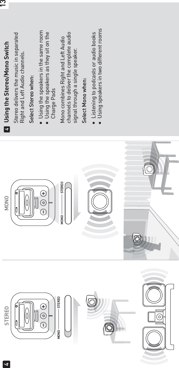 Using the Stereo/Mono Switch  Stereo delivers the music in separated   Right and Left Audio channels.   Select Stereo when:    Using the speakers in the same room    Using the speakers as they sit on the   Charge Pads  Mono combines Right and Left Audio   channels to deliver the complete audio   signal through a single speaker.   Select Mono when:    Listening to podcasts or audio books    Using speakers in two different rooms44STEREO MONOMONO STEREOMONO STEREOMONO STEREOMONO STEREO13