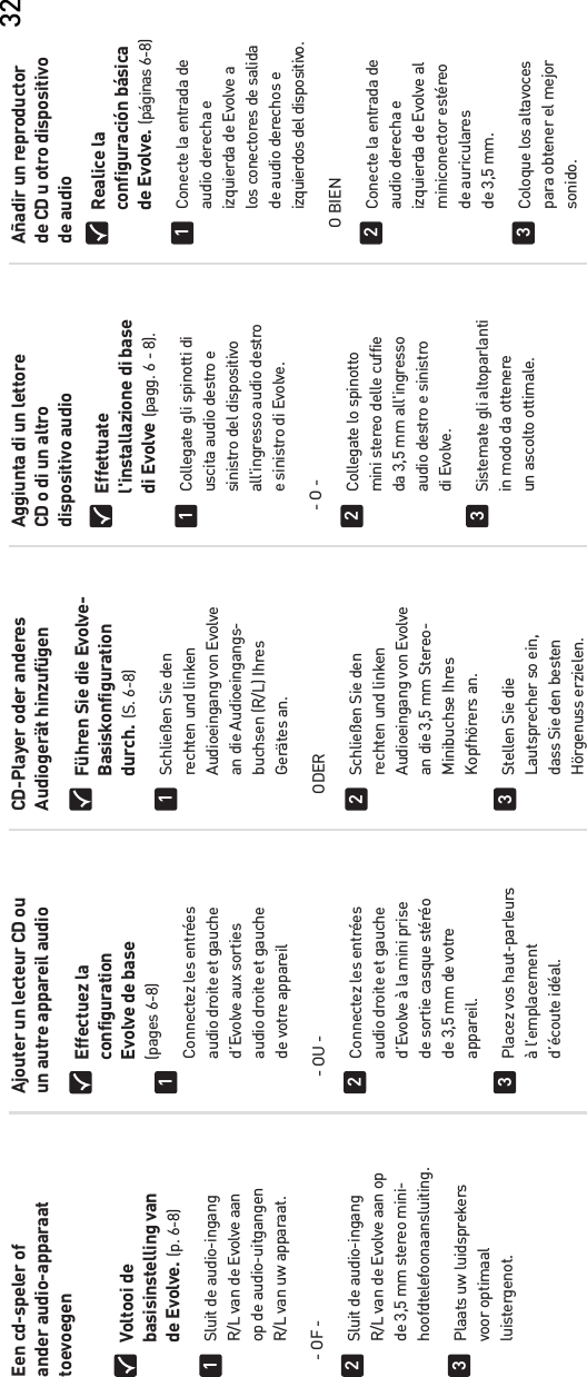 Een cd-speler ofander audio-apparaattoevoegenVoltooi de basisinstelling van de Evolve. (p. 6-8)Sluit de audio-ingang  R/L van de Evolve aan  op de audio-uitgangen  R/L van uw apparaat. - OF -  Sluit de audio-ingang  R/L van de Evolve aan op  de 3,5 mm stereo mini- hoofdtelefoonaansluiting.Plaats uw luidsprekers voor optimaal luistergenot.123Ajouter un lecteur CD ouun autre appareil audio Effectuez la configuration  Evolve de base(pages 6-8)  Connectez les entrées  audio droite et gauche  d’Evolve aux sorties  audio droite et gauche  de votre appareil - OU -  Connectez les entrées  audio droite et gauche  d’Evolve à la mini prise  de sortie casque stéréo  de 3,5 mm de votre appareil.Placez vos haut-parleurs à l’emplacement d’écoute idéal.123CD-Player oder anderesAudiogerät hinzufügenFühren Sie die Evolve- Basiskonfiguration durch. (S. 6-8)  Schließen Sie den  rechten und linken  Audioeingang von Evolve  an die Audioeingangs-  buchsen (R/L) Ihres Gerätes an. ODER  Schließen Sie den  rechten und linken  Audioeingang von Evolve  an die 3,5 mm Stereo- Minibuchse Ihres Kopfhörers an.Stellen Sie die  Lautsprecher so ein,  dass Sie den besten Hörgenuss erzielen.123Aggiunta di un lettoreCD o di un altrodispositivo audioEffettuate  l&apos;installazione di base di Evolve (pagg. 6 - 8).  Collegate gli spinotti di  uscita audio destro e  sinistro del dispositivo  all&apos;ingresso audio destro  e sinistro di Evolve. - O -  Collegate lo spinotto  mini stereo delle cuffie  da 3,5 mm all&apos;ingresso  audio destro e sinistro di Evolve.Sistemate gli altoparlanti  in modo da ottenere  un ascolto ottimale.123Añadir un reproductorde CD u otro dispositivode audioRealice la configuración básica de Evolve. (páginas 6-8)  Conecte la entrada de  audio derecha e  izquierda de Evolve a  los conectores de salida  de audio derechos eizquierdos del dispositivo.O BIEN  Conecte la entrada de  audio derecha e  izquierda de Evolve al miniconector estéreo de auriculares  de 3,5 mm.Coloque los altavoces  para obtener el mejor sonido.12332