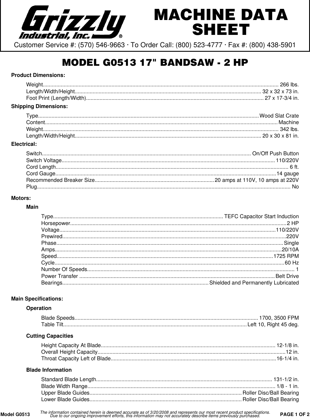 Page 1 of 2 - Grizzly G0513 Specifications Sheet User Manual  To The Cdf70967-0dc4-49f6-83ce-78ca19ce6023