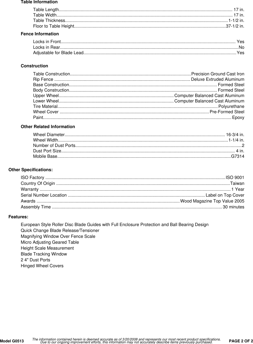 Page 2 of 2 - Grizzly G0513 Specifications Sheet User Manual  To The Cdf70967-0dc4-49f6-83ce-78ca19ce6023