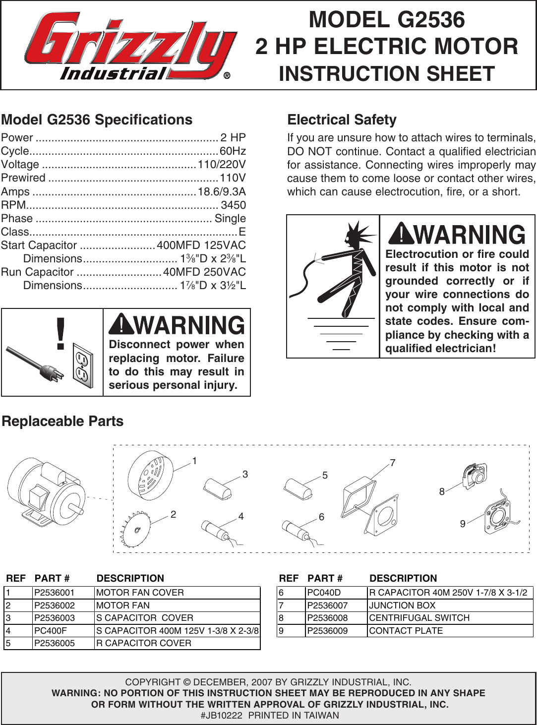 Page 1 of 2 - Grizzly G2536 G2536Wiring DiagramB User Manual  To The 083834d0-3009-4982-9609-f6a1e315fca4