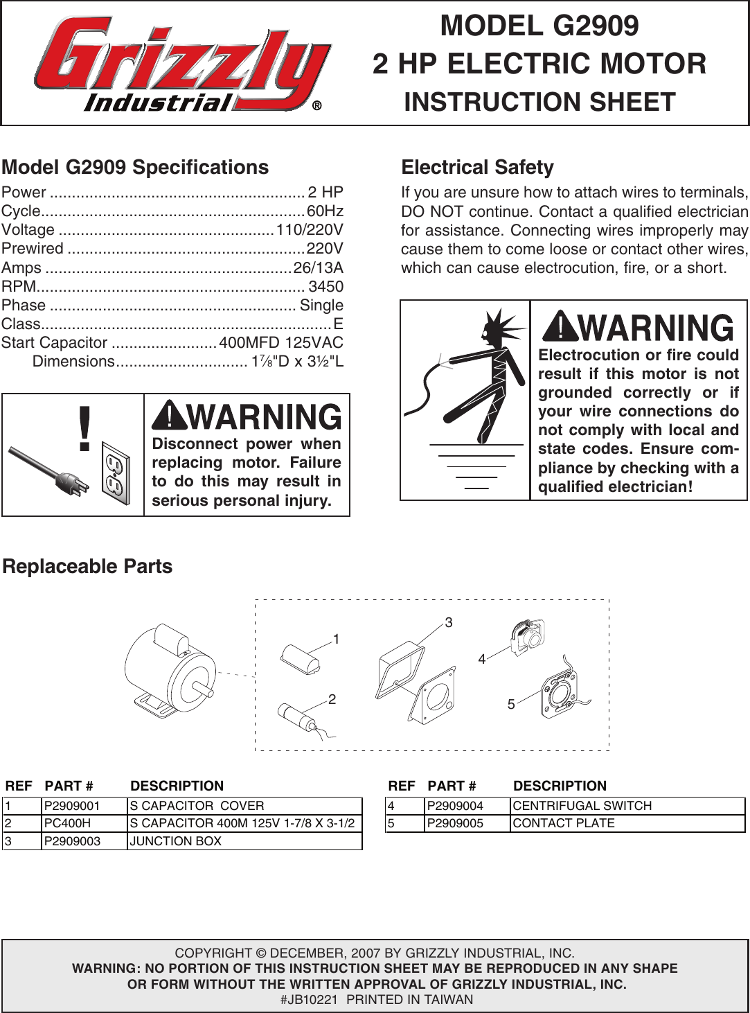 Page 1 of 2 - Grizzly G2909 Wiring Diagram User Manual  To The C2a44c36-2b6a-4226-93fc-c2c8c37cf40c