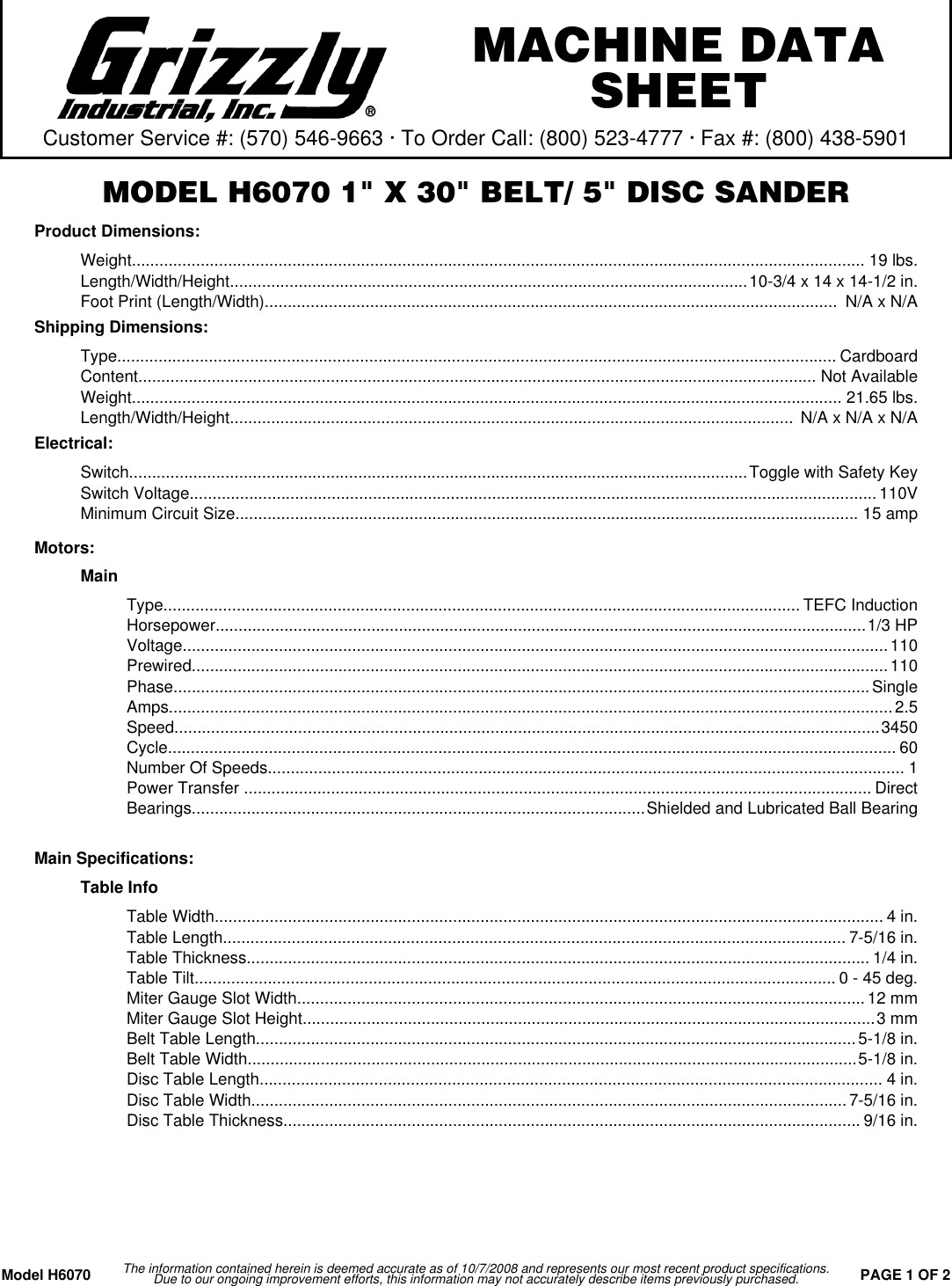 Page 1 of 2 - Grizzly H6070 Specifications Sheet User Manual To The 59a58c3d-e63a-48e5-8141-d86bb0ba17a4