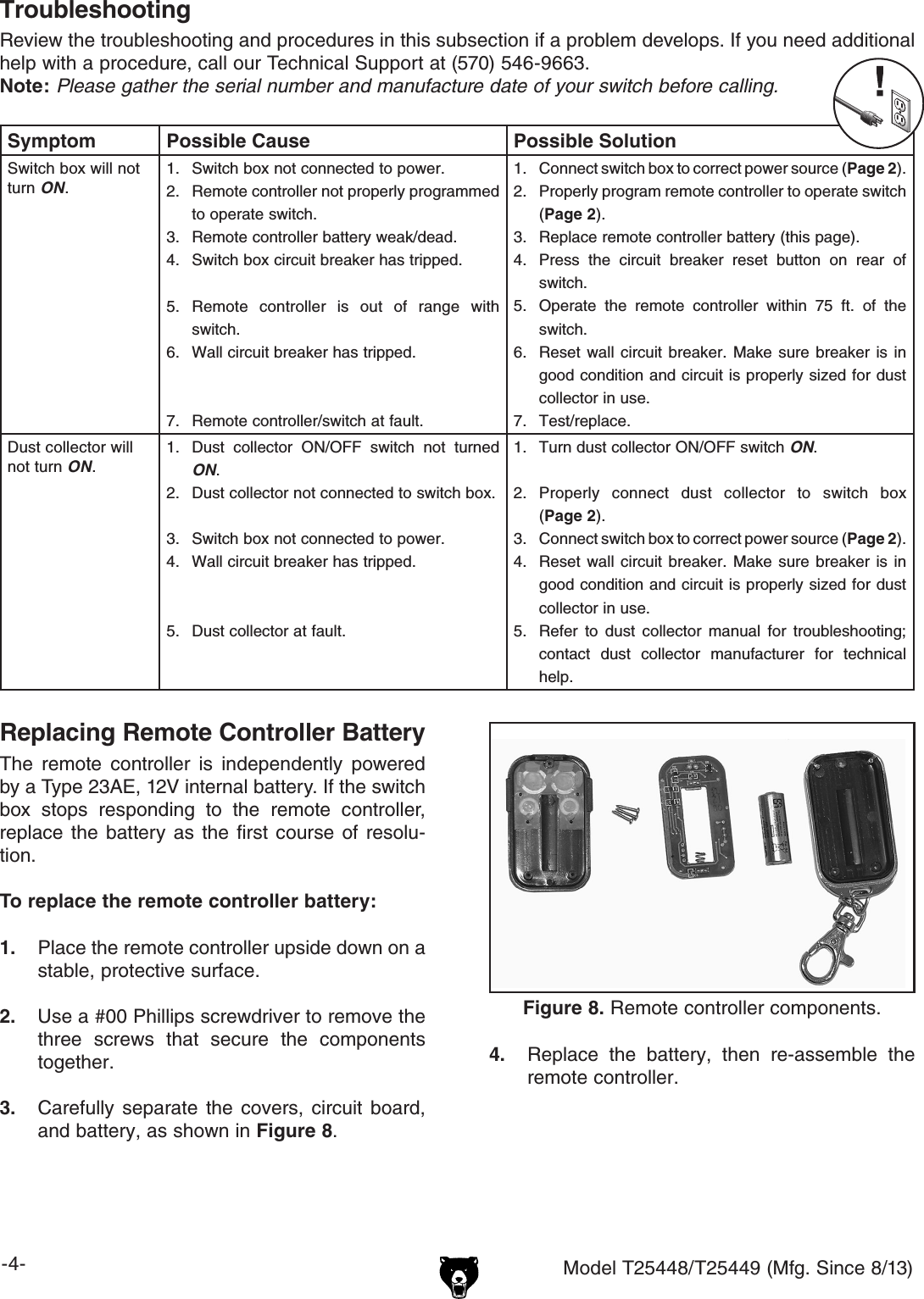 -4- Model T25448/T25449 (Mfg. Since 8/13)Symptom Possible Cause Possible SolutionSwitch box will not turn ON.1.  Switch box not connected to power.2.  Remote controller not properly programmed to operate switch.3.  Remote controller battery weak/dead.4.  Switch box circuit breaker has tripped.5.  Remote  controller  is  out  of  range  with switch.6.  Wall circuit breaker has tripped.7.  Remote controller/switch at fault.1.  Connect switch box to correct power source (Page 2).2.  Properly program remote controller to operate switch (Page 2).3.  Replace remote controller battery (this page).4.  Press  the  circuit  breaker  reset  button  on  rear  of switch.5.  Operate  the  remote  controller  within  75  ft.  of  the switch.6.  Reset  wall  circuit  breaker.  Make  sure  breaker  is  in good condition and circuit is properly sized for dust collector in use.7.  Test/replace.Dust collector will not turn ON.1.  Dust  collector  ON/OFF  switch  not  turned ON.2.  Dust collector not connected to switch box.3.  Switch box not connected to power.4.  Wall circuit breaker has tripped.5.  Dust collector at fault.1.  Turn dust collector ON/OFF switch ON.2.  Properly  connect  dust  collector  to  switch  box (Page 2).3.  Connect switch box to correct power source (Page 2).4.  Reset  wall  circuit  breaker.  Make  sure  breaker  is  in good condition and circuit is properly sized for dust collector in use.5.  Refer  to  dust  collector  manual  for  troubleshooting; contact  dust  collector  manufacturer  for  technical help.TroubleshootingReview the troubleshooting and procedures in this subsection if a problem develops. If you need additional help with a procedure, call our Technical Support at (570) 546-9663.Note: Please gather the serial number and manufacture date of your switch before calling.Replacing Remote Controller BatteryThe  remote  controller  is  independently  powered by a Type 23AE, 12V internal battery. If the switch box  stops  responding  to  the  remote  controller, replace  the  battery  as  the  first course  of resolu-tion.To replace the remote controller battery:1.  Place the remote controller upside down on a stable, protective surface.2.  Use a #00 Phillips screwdriver to remove the three  screws  that  secure  the  components together.3.  Carefully  separate  the  covers,  circuit  board,  and battery, as shown in Figure 8.Figure 8. Remote controller components.4.  Replace  the  battery,  then  re-assemble  the remote controller.