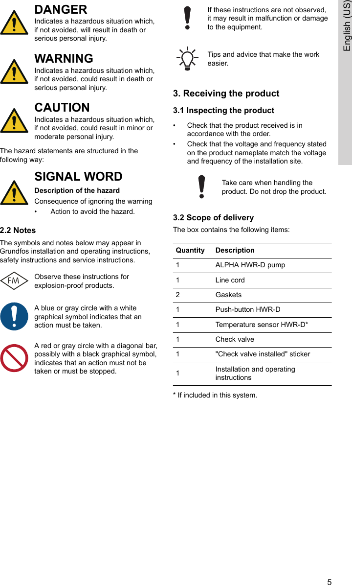 DANGERIndicates a hazardous situation which,if not avoided, will result in death orserious personal injury. WARNINGIndicates a hazardous situation which,if not avoided, could result in death orserious personal injury. CAUTIONIndicates a hazardous situation which,if not avoided, could result in minor ormoderate personal injury. The hazard statements are structured in thefollowing way: SIGNAL WORDDescription of the hazard  Consequence of ignoring the warning•  Action to avoid the hazard. 2.2 NotesThe symbols and notes below may appear inGrundfos installation and operating instructions,safety instructions and service instructions. FMObserve these instructions forexplosion-proof products.A blue or gray circle with a whitegraphical symbol indicates that anaction must be taken.A red or gray circle with a diagonal bar,possibly with a black graphical symbol,indicates that an action must not betaken or must be stopped.If these instructions are not observed,it may result in malfunction or damageto the equipment.Tips and advice that make the workeasier.3. Receiving the product3.1 Inspecting the product• Check that the product received is inaccordance with the order.• Check that the voltage and frequency statedon the product nameplate match the voltageand frequency of the installation site.Take care when handling theproduct. Do not drop the product.3.2 Scope of deliveryThe box contains the following items:Quantity Description1 ALPHA HWR-D pump1 Line cord2 Gaskets1 Push-button HWR-D1 Temperature sensor HWR-D*1 Check valve1 &quot;Check valve installed&quot; sticker1Installation and operatinginstructions* If included in this system.5English (US)