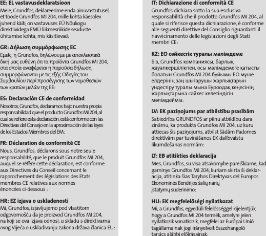 EE: EL vastavusdeklaratsioonMeie, Grundfos, deklareerime enda ainuvastutusel,  et toode Grundfos MI 204, mille kohta käesolev juhend käib, on vastavuses EÜ Nõukogu  direktiividega EMÜ liikmesriikide seaduste  ühitamise kohta, mis käsitlevad:                                                                         GR: Δήλωση συμμόρφωσης ECΕμείς, η Grundfos, δηλώνουμε με αποκλειστικά  δική μας ευθύνη ότι τα προϊόντα Grundfos MI 204, στα οποία αναφέρεται η παρούσα δήλωση, συμμορφώνονται με τις εξής Οδηγίες του  Συμβουλίου περί προσέγγισης των νομοθεσιών  των κρατών μελών της ΕΕ:ES: Declaración CE de conformidadNosotros, Grundfos, declaramos bajo nuestra propia responsabilidad que el producto Grundfos MI 204, al  cual se refiere esta declaración, está conforme con las Directivas del Consejo en la aproximación de las leyes  de los Estados Miembros del EM:FR: Déclaration de conformité CENous, Grundfos, déclarons sous notre seule  responsabilité, que le produit Grundfos MI 204, auquel se réfère cette déclaration, est conforme  aux Directives du Conseil concernant le  rapprochement des législations des Etats  membres CE relatives aux normes  énoncées ci-dessous :HR: EZ izjava o usklađenostiMi, Grundfos, izjavljujemo pod vlastitom odgovornošću da je proizvod Grundfos MI 204,  na koji se ova izjava odnosi, u skladu s direktivama ovog Vijeća o usklađivanju zakona država članica EU:IT: Dichiarazione di conformità CEGrundfos dichiara sotto la sua esclusiva  responsabilità che il prodotto Grundfos MI 204, al quale si riferisce questa dichiarazione, è conforme alle seguenti direttive del Consiglio riguardanti il riavvicinamento delle legislazioni degli Stati  membri CE:KZ: EO сәйкестік туралы мәлімдемеБіз, Grundfos компаниясы, барлық жауапкершілікпен, осы мәлімдемеге қатысты болатын Grundfos MI 204 бұйымы ЕО мүше елдерінің заң шығарушы жарлықтарын үндестіру туралы мына Еуроодақ кеңесінің жарлықтарына сәйкес келетіндігін мәлімдейміз:LV: EK paziņojums par atbilstību prasībāmSabiedrība GRUNDFOS ar pilnu atbildību dara zināmu, ka produkts Grundfos MI 204, uz kuru  attiecas šis paziņojums, atbilst šādām Padomes direktīvām par tuvināšanos EK dalībvalstu likumdošanas normām:LT: EB atitikties deklaracijaMes, Grundfos, su visa atsakomybe pareiškiame, kad gaminys Grundfos MI 204, kuriam skirta ši deklar-acija, atitinka šias Tarybos Direktyvas dėl Europos Ekonominės Bendrijos šalių narių  įstatymų suderinimo:HU: EK megfelelőségi nyilatkozatMi, a Grundfos, egyedüli felelősséggel kijelentjük, hogy a Grundfos MI 204 termék, amelyre jelen  nyilatkozik vonatkozik, megfelel az Európai Unió tagállamainak jogi irányelveit összehangoló  tanács alábbi előírásainak: