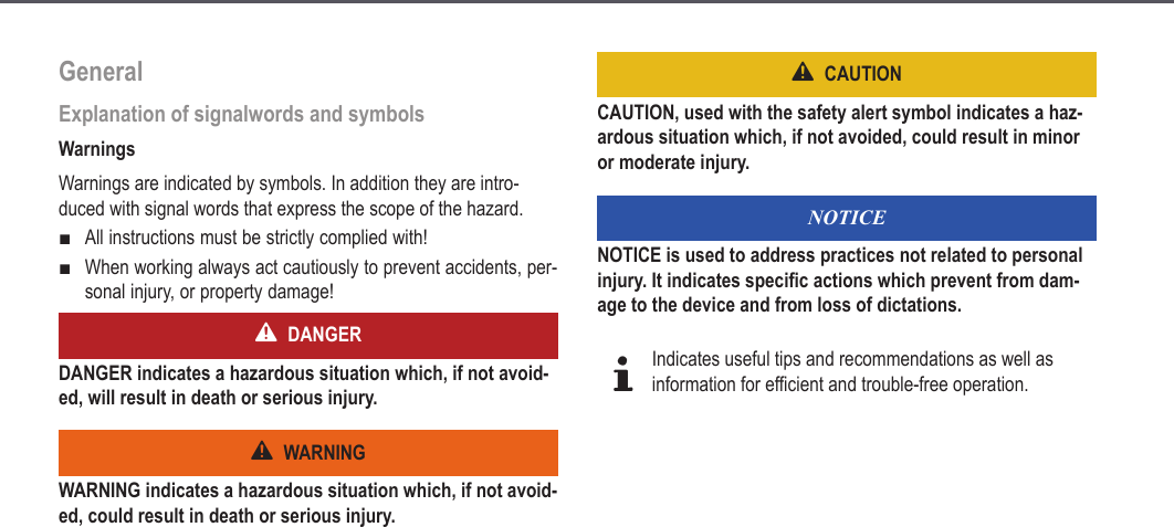 6GeneralExplanation of signalwords and symbolsWarningsWarnings are indicated by symbols. In addition they are intro-duced with signal words that express the scope of the hazard.All instructions must be strictly complied with!When working always act cautiously to prevent accidents, per-sonal injury, or property damage!DANGERDANGER indicates a hazardous situation which, if not avoid-ed, will result in death or serious injury.WARNINGWARNING indicates a hazardous situation which, if not avoid-ed, could result in death or serious injury.■■CAUTIONCAUTION, used with the safety alert symbol indicates a haz-ardous situation which, if not avoided, could result in minor or moderate injury.NOTICENOTICE is used to address practices not related to personal injury. It indicates specific actions which prevent from dam-age to the device and from loss of dictations.dIndicates useful tips and recommendations as well as information for efficient and trouble-free operation.General