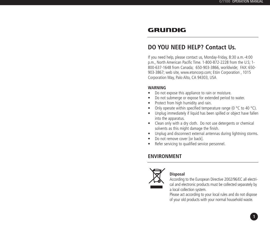 Page 2 of 7 - Grundig Grundig-G1100-Users-Manual- FR200_apr14  Grundig-g1100-users-manual