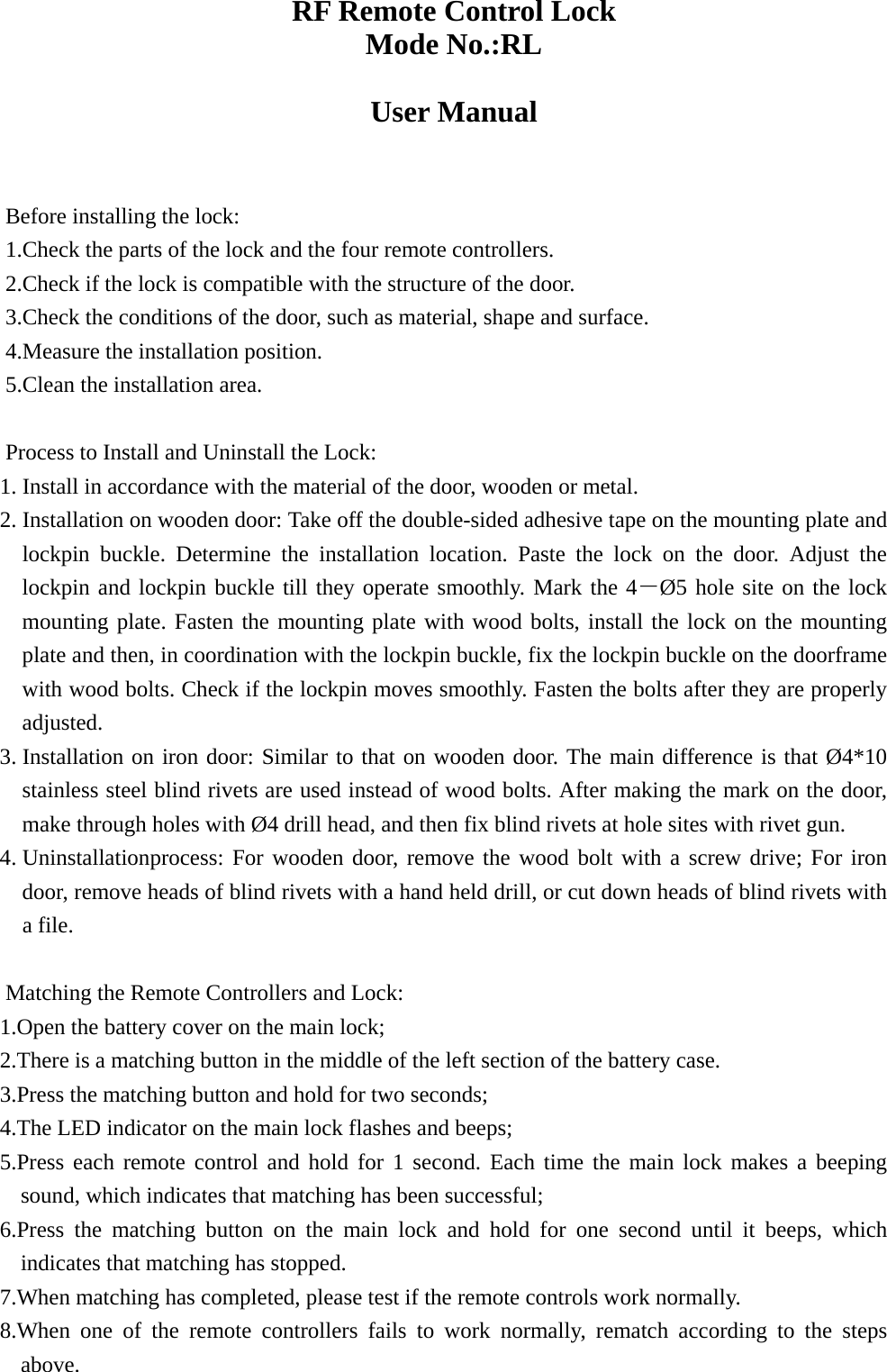 Grupo Gescasi S L RLLOCK RF Remote Control Lock User Manual RL