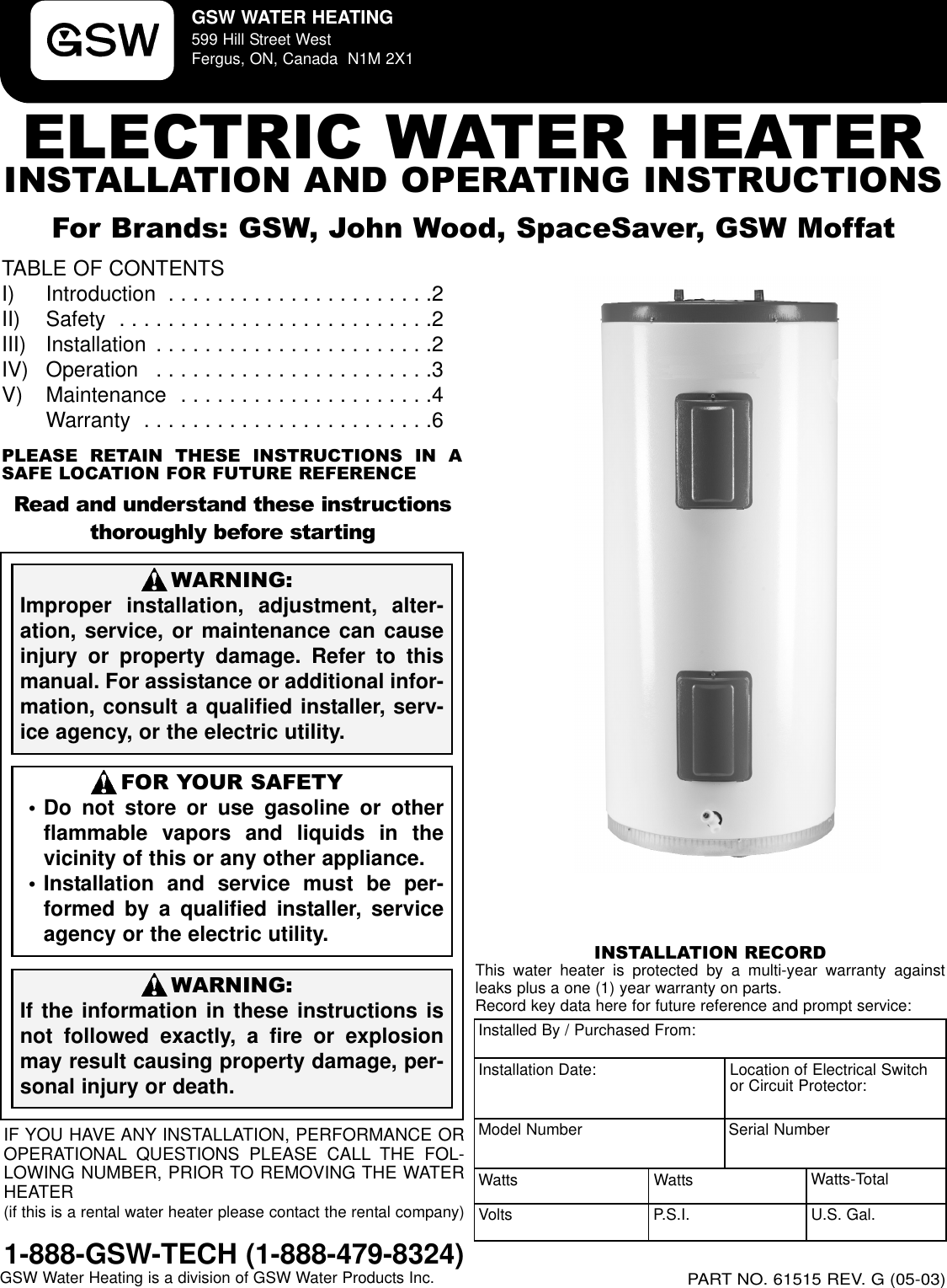 Page 1 of 6 - Gsw Gsw-Electric-Water-Heater-P-N-61515-Rev-G-05-03-Users-Manual-  Gsw-electric-water-heater-p-n-61515-rev-g-05-03-users-manual