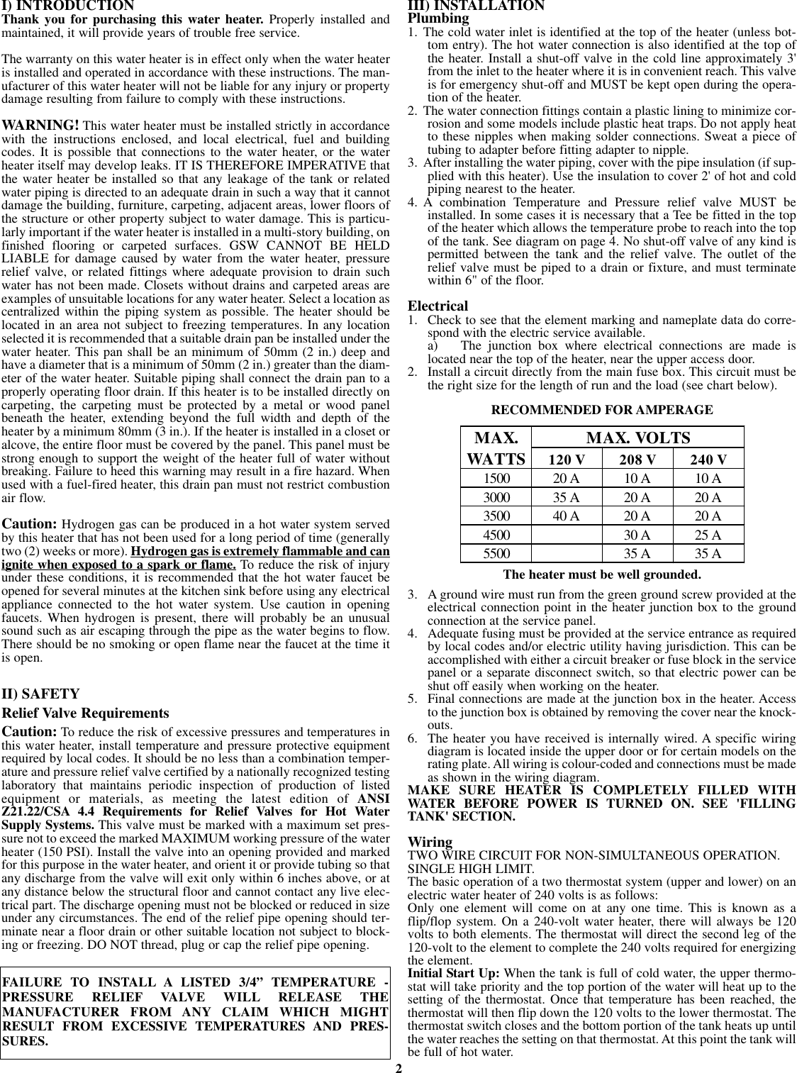 Page 2 of 6 - Gsw Gsw-Electric-Water-Heater-P-N-61515-Rev-G-05-03-Users-Manual-  Gsw-electric-water-heater-p-n-61515-rev-g-05-03-users-manual