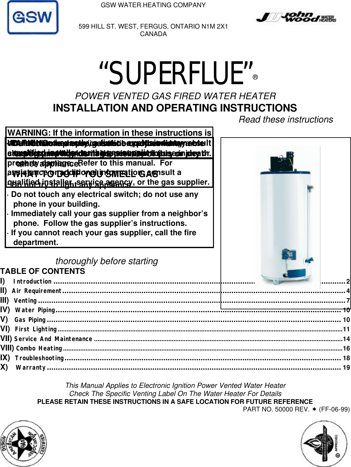 Gsw Superflue Power Vented Gas Fired Water Heater Users Manual 50pvcmainbody