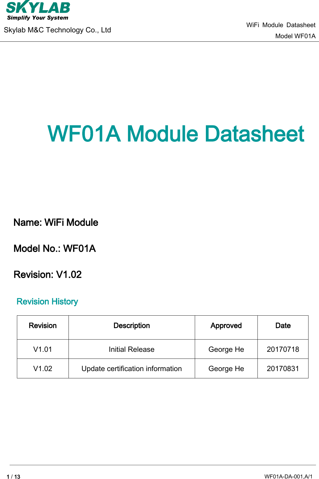 Page 1 of GuangZhou Ostec Electronic Technology WF01A WiFi Module User Manual