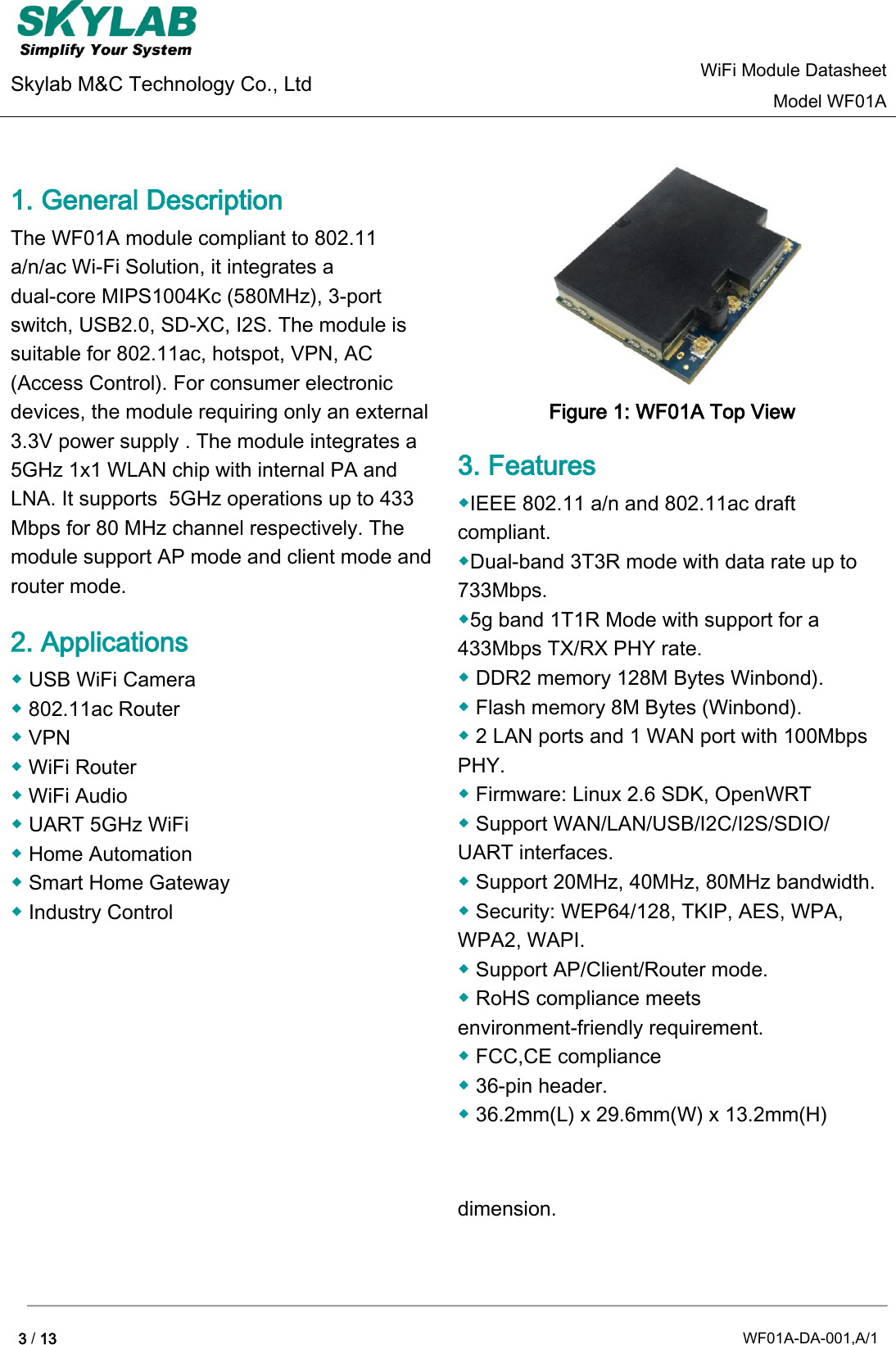 Page 3 of GuangZhou Ostec Electronic Technology WF01A WiFi Module User Manual