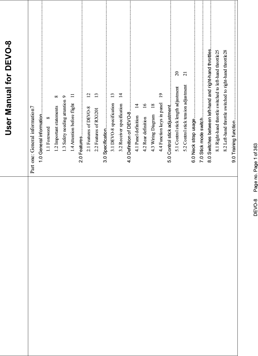 DEVO-8 Page no. Page 1 of 363User Manual for DEVO-8Part one: General information71.0 General information............................................................................................1.1 Foreword 81.2 Important statements 81.3 Safety needing attention 91.4 Attention before flight 112.0 Features ..............................................................................................................2.1 Features of DEVO-8 122.2 Features of RX1201 133.0 Specification........................................................................................................3.1DEVO-8specification 133.2 Receiver specification 144.0 Definition of DEVO-8 ..........................................................................................4.1 Panel definition 144.2 Rear definition 164.3WiringDiagram 184.4 Function keys in panel 195.0 Control stick adjustment.....................................................................................5.1Controlsticklengthadjustment 205.2 Control stick tension adjustment 216.0 Neck strap usage................................................................................................7.0 Stick mode switch...............................................................................................8.0 Switches between left-hand and right-hand throttles........................................8.1 Right-hand throttle switched to left-hand throttle258.2 Left-hand throttle switched to right-hand throttle289.0 Training function .................................................................................................