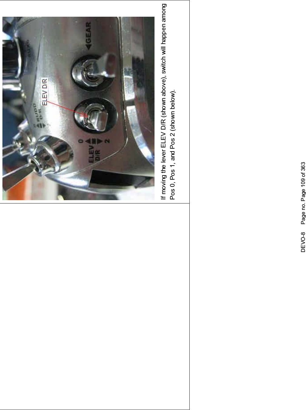 DEVO-8 Page no. Page 109 of 363If moving the lever ELEV D/R (shown above), switch will happen amongPos 0, Pos 1, and Pos 2 (shown below).