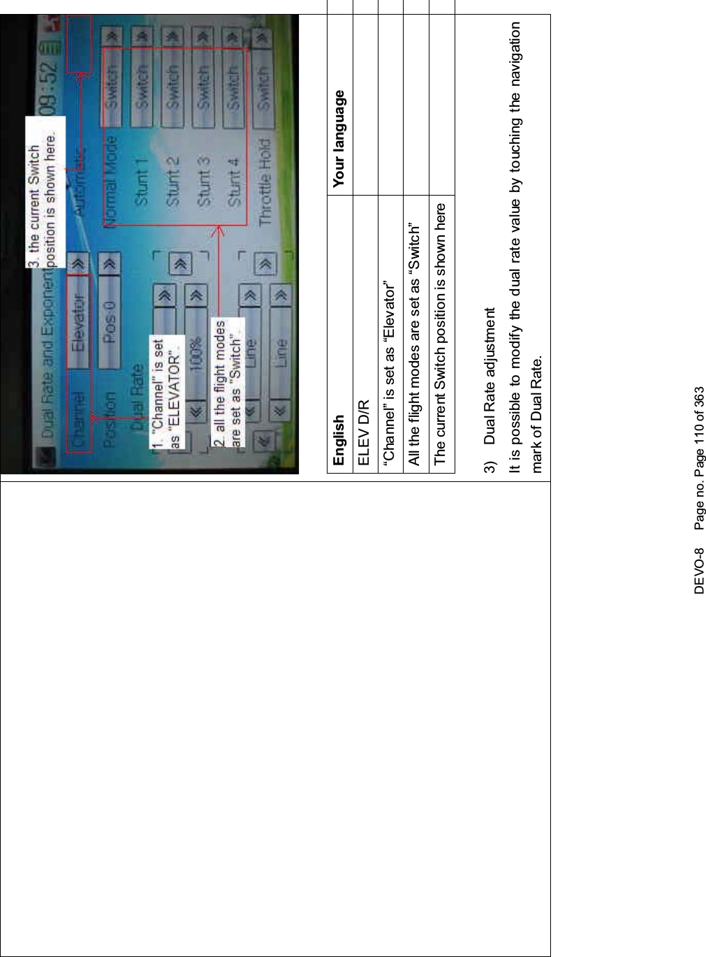 DEVO-8 Page no. Page 110 of 363English Your languageELEV D/R“Channel” is set as “Elevator”All the flight modes are set as “Switch”The current Switch position is shown here3) Dual Rate adjustmentIt is possible to modify the dual rate value by touching the navigationmark of Dual Rate.