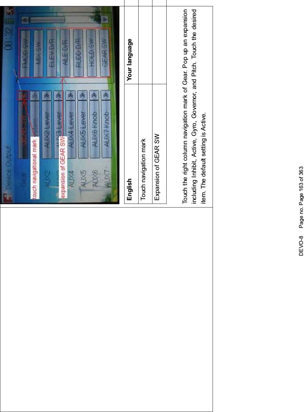 DEVO-8 Page no. Page 163 of 363English Your languageTouch navigation markExpansion of GEAR SWTouch the right column navigation mark of Gear. Pop up an expansionincluding Inhibit, Active, Gyro, Governor, and Pitch. Touch the desireditem. The default setting is Active.