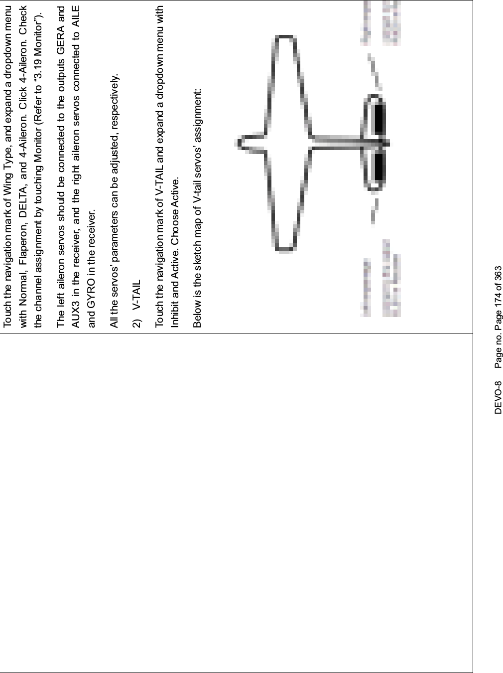 DEVO-8 Page no. Page 174 of 363Touch the navigation mark of Wing Type, and expand a dropdown menuwith Normal, Flaperon, DELTA, and 4-Aileron. Click 4-Aileron. Checkthe channel assignment by touching Monitor (Refer to “3.19 Monitor”).TheleftaileronservosshouldbeconnectedtotheoutputsGERAandAUX3 in the receiver, and the right aileron servos connected to AILEand GYRO in the receiver.All the servos’ parameters can be adjusted, respectively.2) V-TAILTouch the navigatio n mark of V-TAIL and expand a dropdown menu withInhibit and Active. Choose Active.Below is the sketch map of V-tail servos’ assignment: