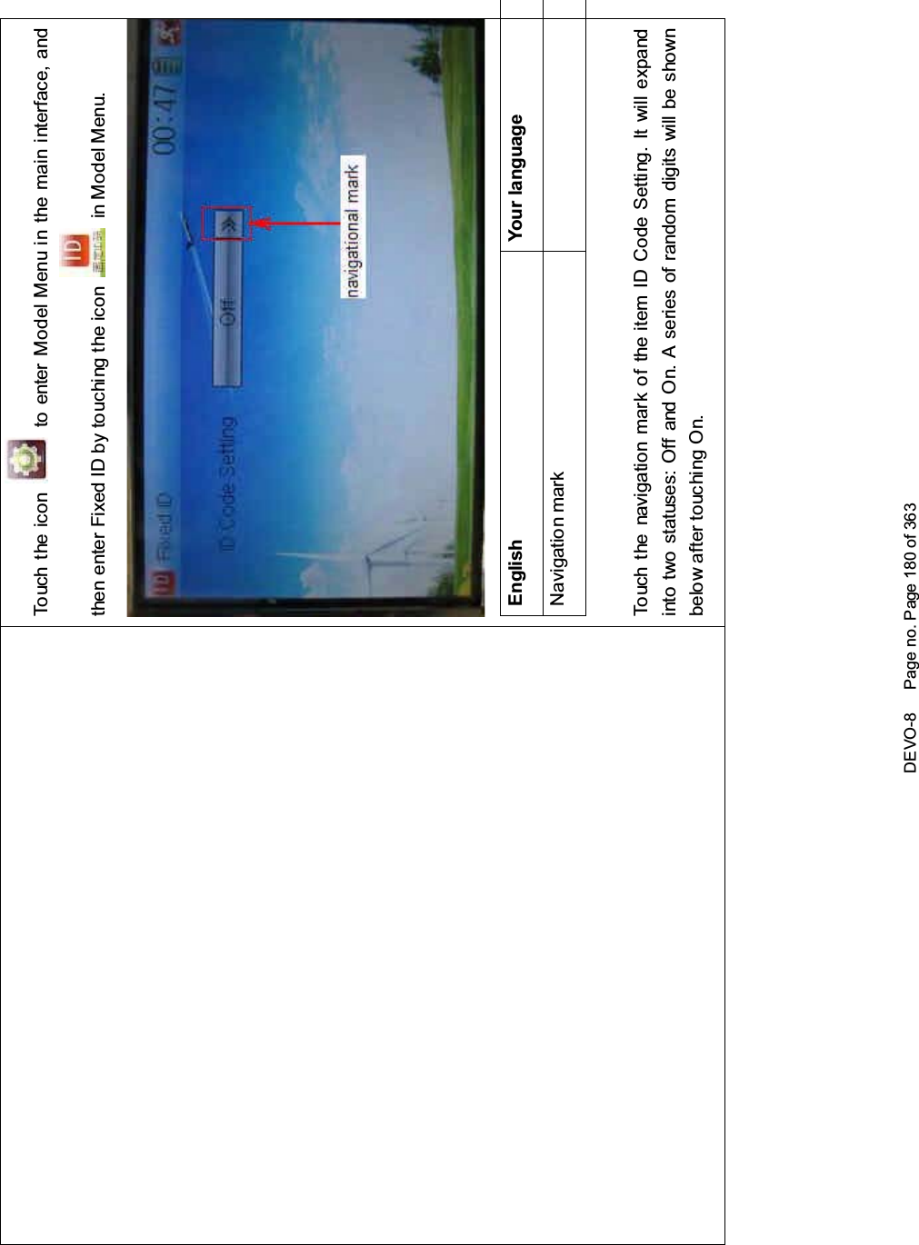 DEVO-8 Page no. Page 180 of 363Touch the icon to enter Model Menu in the main interface, andthen enter Fixed ID by touching the icon in Model Menu.English Your languageNavigation markTouch the navigation mark of the item ID Code Setting. It will expandinto two statuses: Off and On. A series of random digits will be shownbelow after touching On.