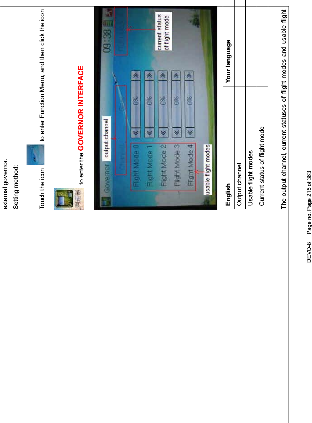 DEVO-8 Page no. Page 215 of 363external governor.Setting method:Touch the icon to enter Function Menu, and then click the iconto enter the GOVERNOR INTERFACE.English Your languageOutput channelUsable flight modesCurrentstatusofflightmodeThe output channel, current statuses of flight modes and usable flight