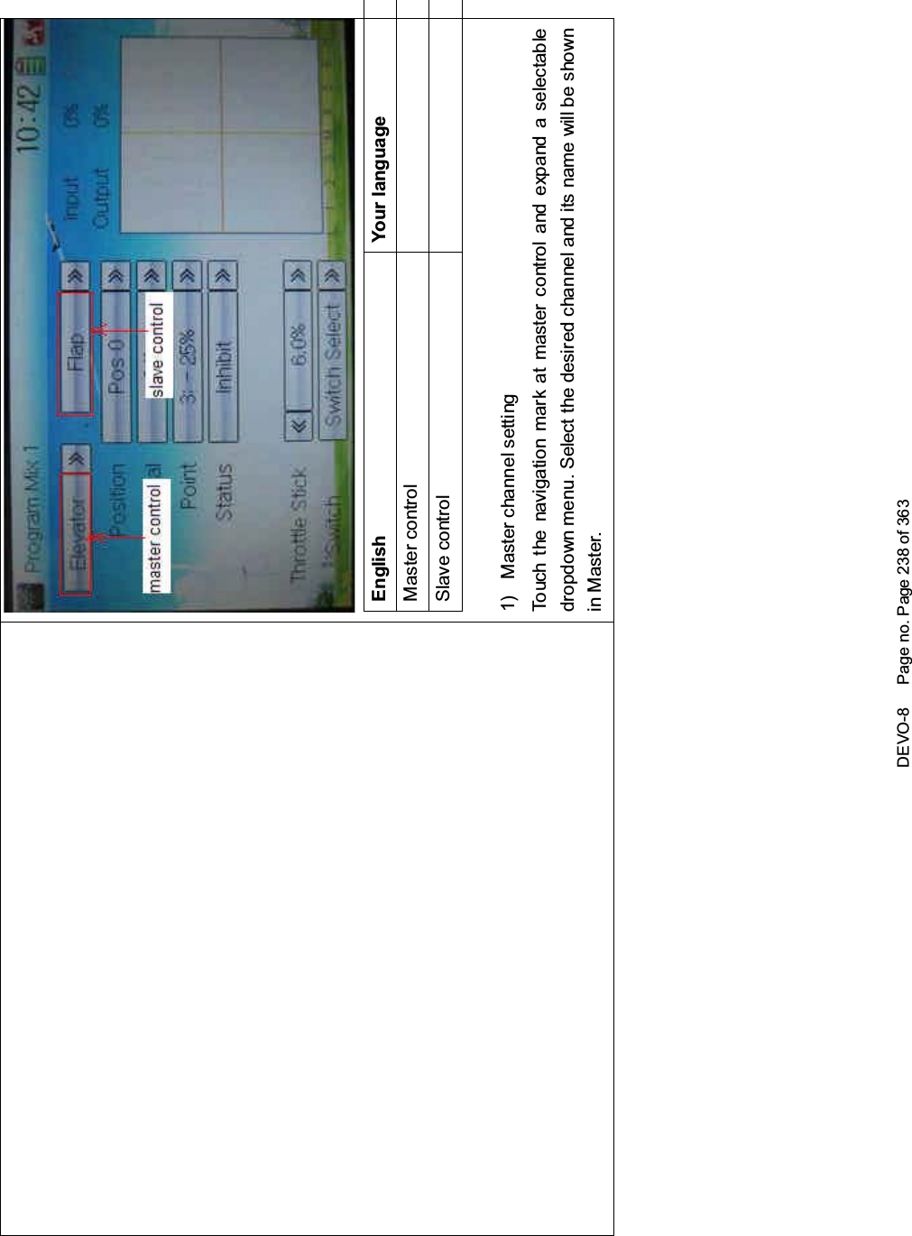 DEVO-8 Page no. Page 238 of 363English Your languageMaster controlSlave control1) Master channel settingTouch the navigation mark at master control and expand a selectabledropdown menu. Select the desired channel and its name will be shownin Master.