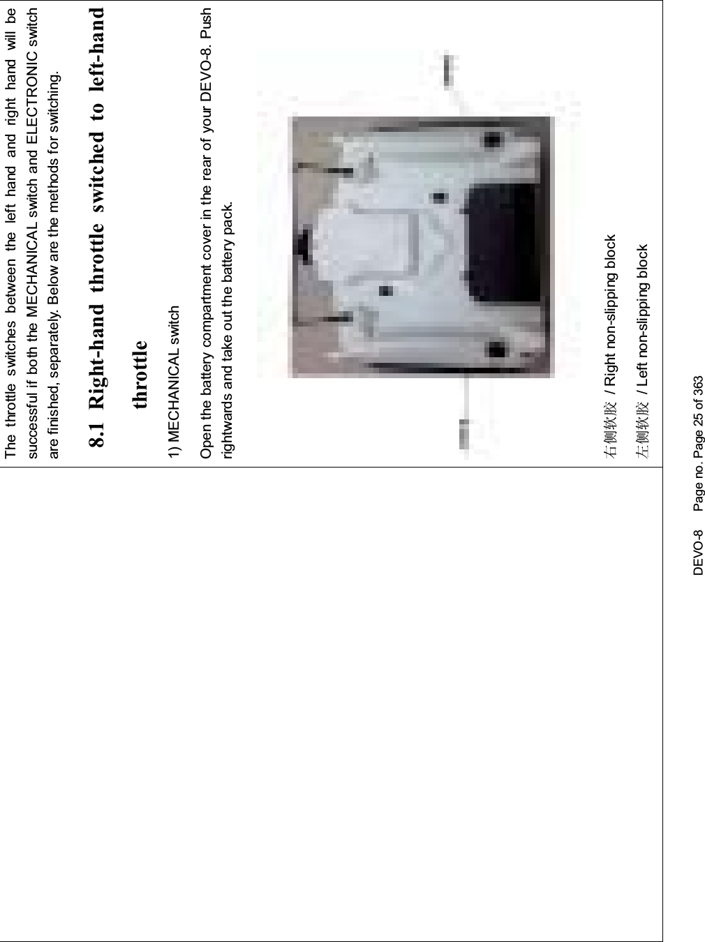 DEVO-8 Page no. Page 25 of 363The throttle switches between the left hand and right hand will besuccessful if both the MECHANICAL switch and ELECTRONIC switchare finished, separately. Below are the methods for switching.8.1 Right-hand throttle switched to left-handthrottle1) MECHANICAL switchOpen the battery compartment cover in the rear of your DEVO-8. Pushrightwards and take out the battery pack.েջ䕃㛊 / Right non-slippi ng blockᎺջ䕃㛊 / Left non-slipping block