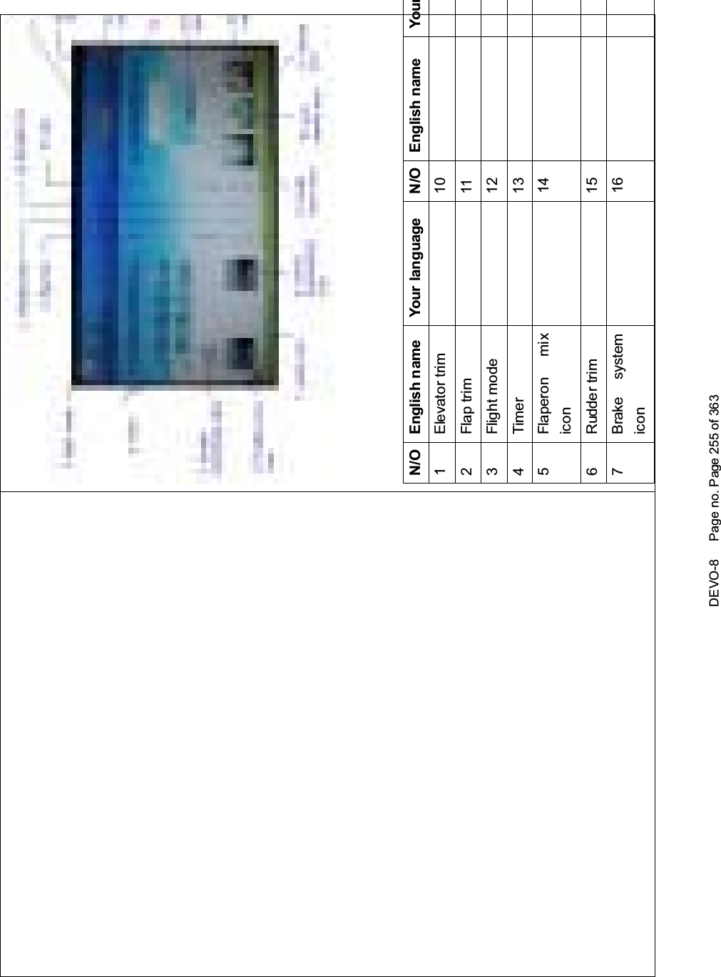 DEVO-8 Page no. Page 255 of 363N/O English name Your language N/O English name Your1 Elevator trim 102Flaptrim 113 Flight mode 124 Timer 135 Flaperon mixicon146 Rudder trim 157 Brake systemicon16