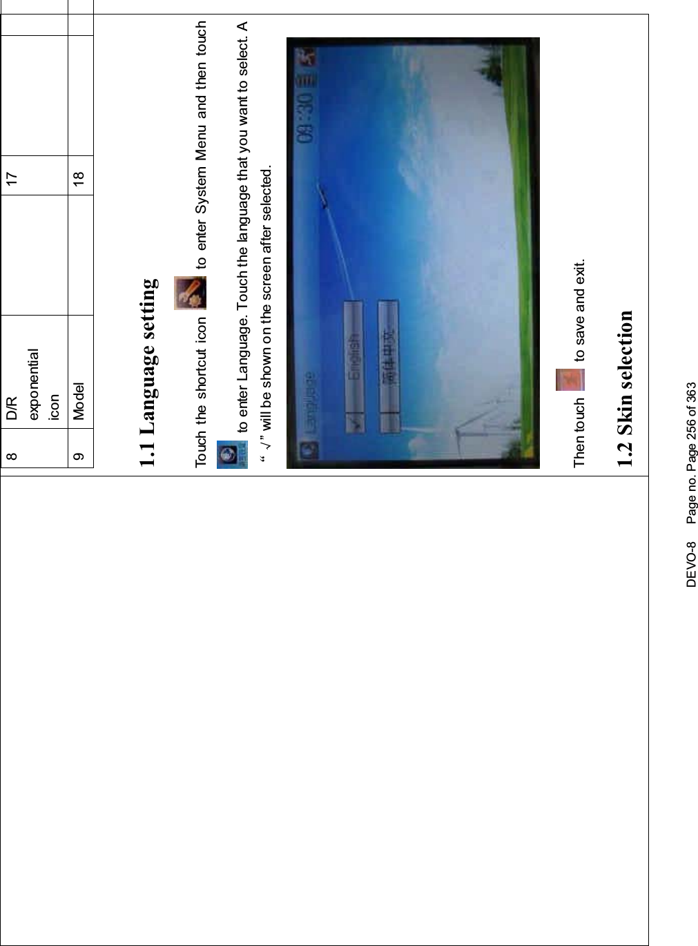 DEVO-8 Page no. Page 256 of 3638D/Rexponentialicon179 Model 181.1 Language settingTouch the s hortcut icon to enter System Menu and then touchto enter Language. Touch the language that you want to select. AĀĜ” will be shown on the screen after selected.Then touch to save and exit.1.2 Skin selection