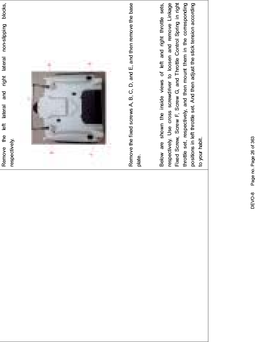 DEVO-8 Page no. Page 26 of 363Remove the left lateral and right lateral non-slipping blocks,respectively.Remove the fixed screws A, B, C, D, and E, and then remove the baseplate.Below are shown the inside views of left and right throttle sets,respectively. Use cross screwdriver to loosen and remove LinkageFixed Screw, Screw F, Screw G, and Throttle Control Spring in rightthrottle set, respectively, and then mount them in the correspondingpositions in left throttle set. And then adjust the stick tension accordingto your habit.