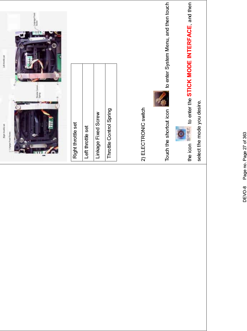 DEVO-8 Page no. Page 27 of 363Right throttle setLeft throttle setLinkage Fixed ScrewThrottle Control Spring2) ELECTRONIC switchTouch the shortcut icon to enter System Menu, and then touchthe icon to enter the STICK MODE INTERFACE,andthenselect the mode you desire.